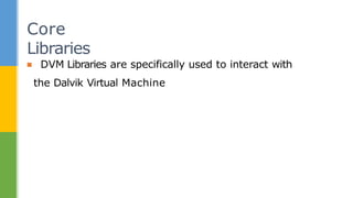 ▪ DVM Libraries are specifically used to interact with
the Dalvik Virtual Machine
Core
Libraries
 