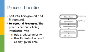 Process Priorities
▪ Split into background and
foreground.
▪ Foreground Processes: The
process currently being
interacted with
▪ Has a critical priority
▪ Usually limited in count
at any given time
 