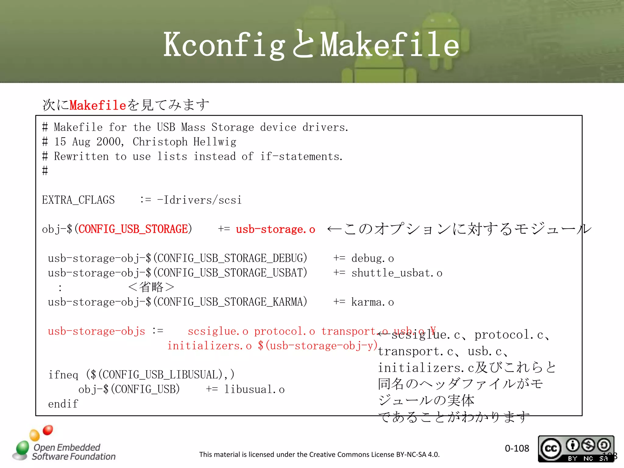 KconfigとMakefile
次にMakefileを見てみます
# Makefile for the USB Mass Storage device drivers.
# 15 Aug 2000, Christoph Hellwig
# Rewritten to use lists instead of if-statements.
#
EXTRA_CFLAGS

:= -Idrivers/scsi

obj-$(CONFIG_USB_STORAGE)

+= usb-storage.o

usb-storage-obj-$(CONFIG_USB_STORAGE_DEBUG)
usb-storage-obj-$(CONFIG_USB_STORAGE_USBAT)
：
＜省略＞
usb-storage-obj-$(CONFIG_USB_STORAGE_KARMA)
usb-storage-objs :=

←このオプションに対するモジュール
+= debug.o
+= shuttle_usbat.o
+= karma.o

scsiglue.o protocol.o transport.o usb.o 
←scsiglue.c、protocol.c、
initializers.o $(usb-storage-obj-y)transport.c、usb.c、

ifneq ($(CONFIG_USB_LIBUSUAL),)
obj-$(CONFIG_USB)
+= libusual.o
endif

initializers.c及びこれらと
同名のヘッダファイルがモ
ジュールの実体
であることがわかります

This material is licensed under the Creative Commons License BY-NC-SA 4.0.

0-108

108

 