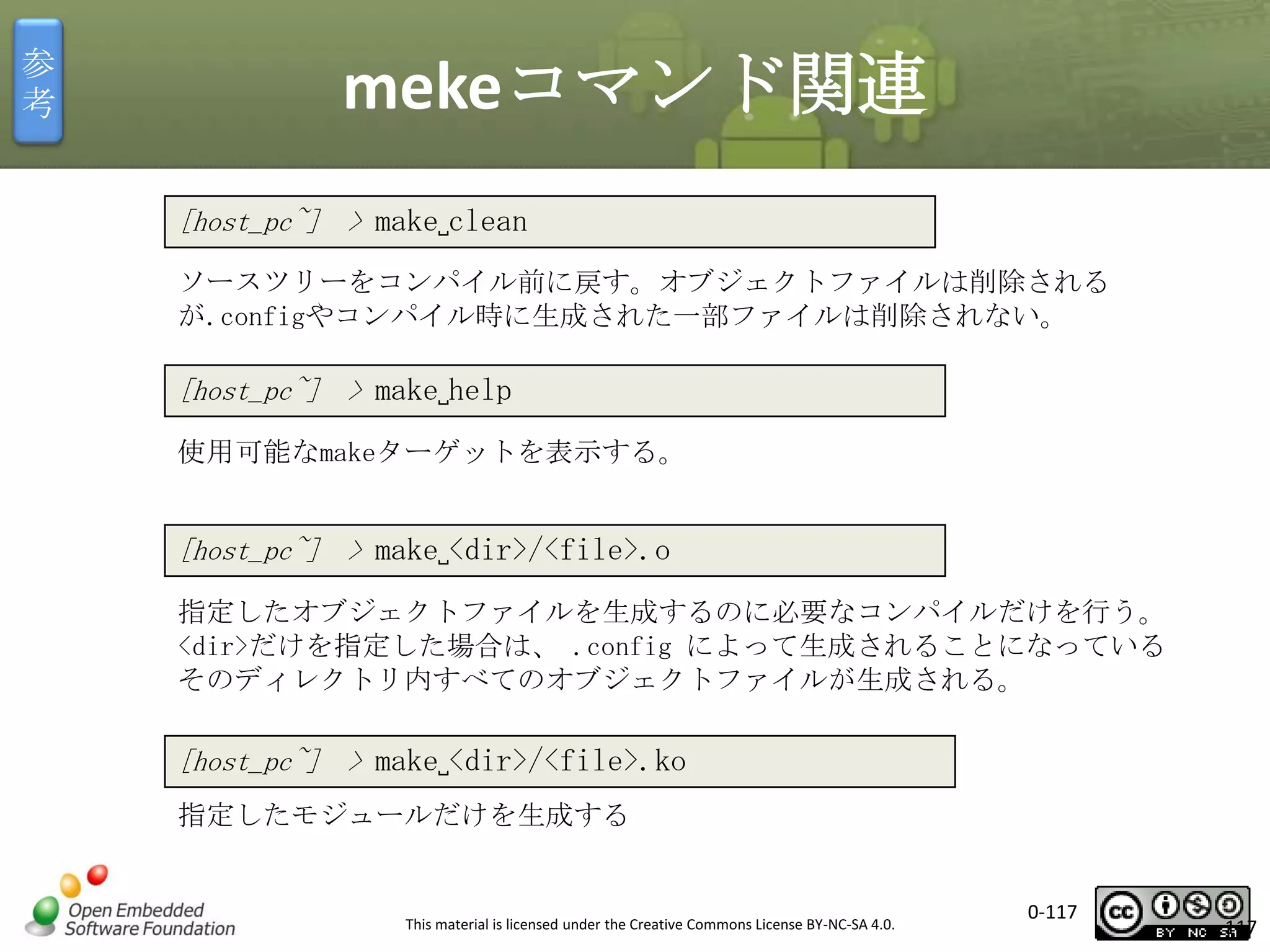 参
考

mekeコマンド関連
[host_pc~] > make␣clean
ソースツリーをコンパイル前に戻す。オブジェクトファイルは削除される
が.configやコンパイル時に生成された一部ファイルは削除されない。

[host_pc~] > make␣help
使用可能なmakeターゲットを表示する。

[host_pc~] > make␣<dir>/<file>.o
指定したオブジェクトファイルを生成するのに必要なコンパイルだけを行う。
<dir>だけを指定した場合は、 .config によって生成されることになっている
そのディレクトリ内すべてのオブジェクトファイルが生成される。

[host_pc~] > make␣<dir>/<file>.ko
指定したモジュールだけを生成する

This material is licensed under the Creative Commons License BY-NC-SA 4.0.

0-117

117

 