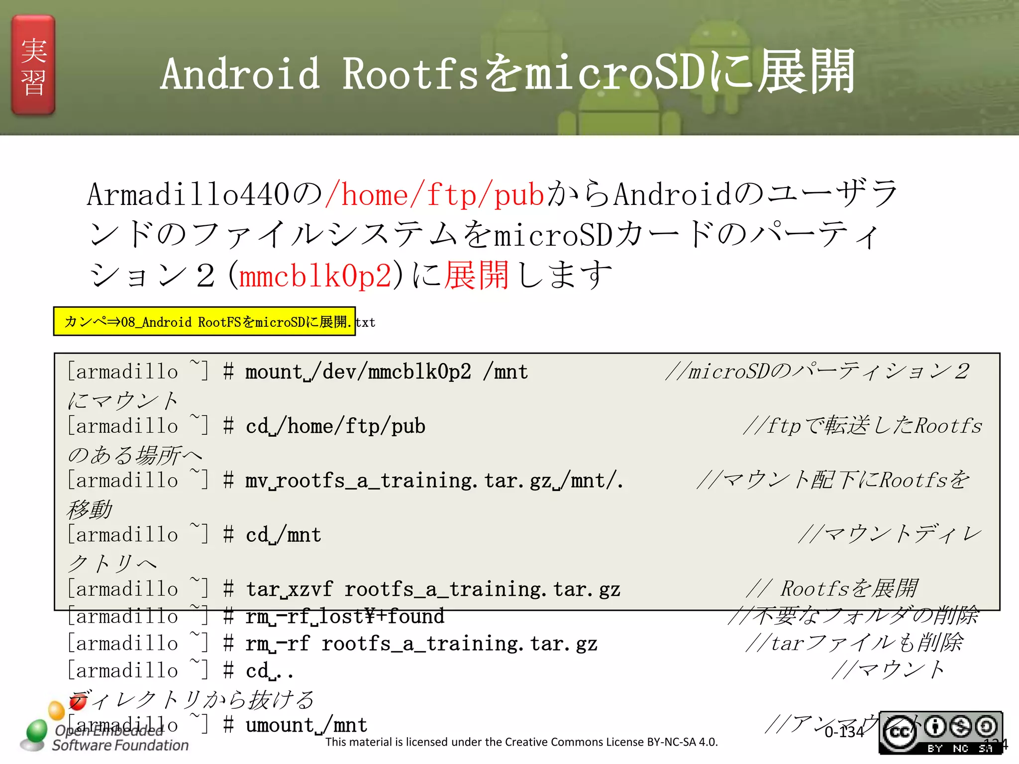 実
習

Android RootfsをmicroSDに展開
Armadillo440の/home/ftp/pubからAndroidのユーザラ
ンドのファイルシステムをmicroSDカードのパーティ
ション２(mmcblk0p2)に展開します
カンペ⇒08_Android RootFSをmicroSDに展開.txt

[armadillo ~] # mount␣/dev/mmcblk0p2 /mnt

//microSDのパーティション２

にマウント
[armadillo ~] # cd␣/home/ftp/pub
のある場所へ
[armadillo ~] # mv␣rootfs_a_training.tar.gz␣/mnt/.

//ftpで転送したRootfs
//マウント配下にRootfsを

移動
//マウントディレ

[armadillo ~] # cd␣/mnt

クトリへ
[armadillo ~] # tar␣xzvf rootfs_a_training.tar.gz
[armadillo ~] # rm␣–rf␣lost+found
[armadillo ~] # rm␣–rf rootfs_a_training.tar.gz
[armadillo ~] # cd␣..

// Rootfsを展開
//不要なフォルダの削除
//tarファイルも削除
//マウント

ディレクトリから抜ける
[armadillo ~] # umount␣/mnt
This material is licensed under the Creative Commons License BY-NC-SA 4.0.

//アンマウント
0-134

134

 