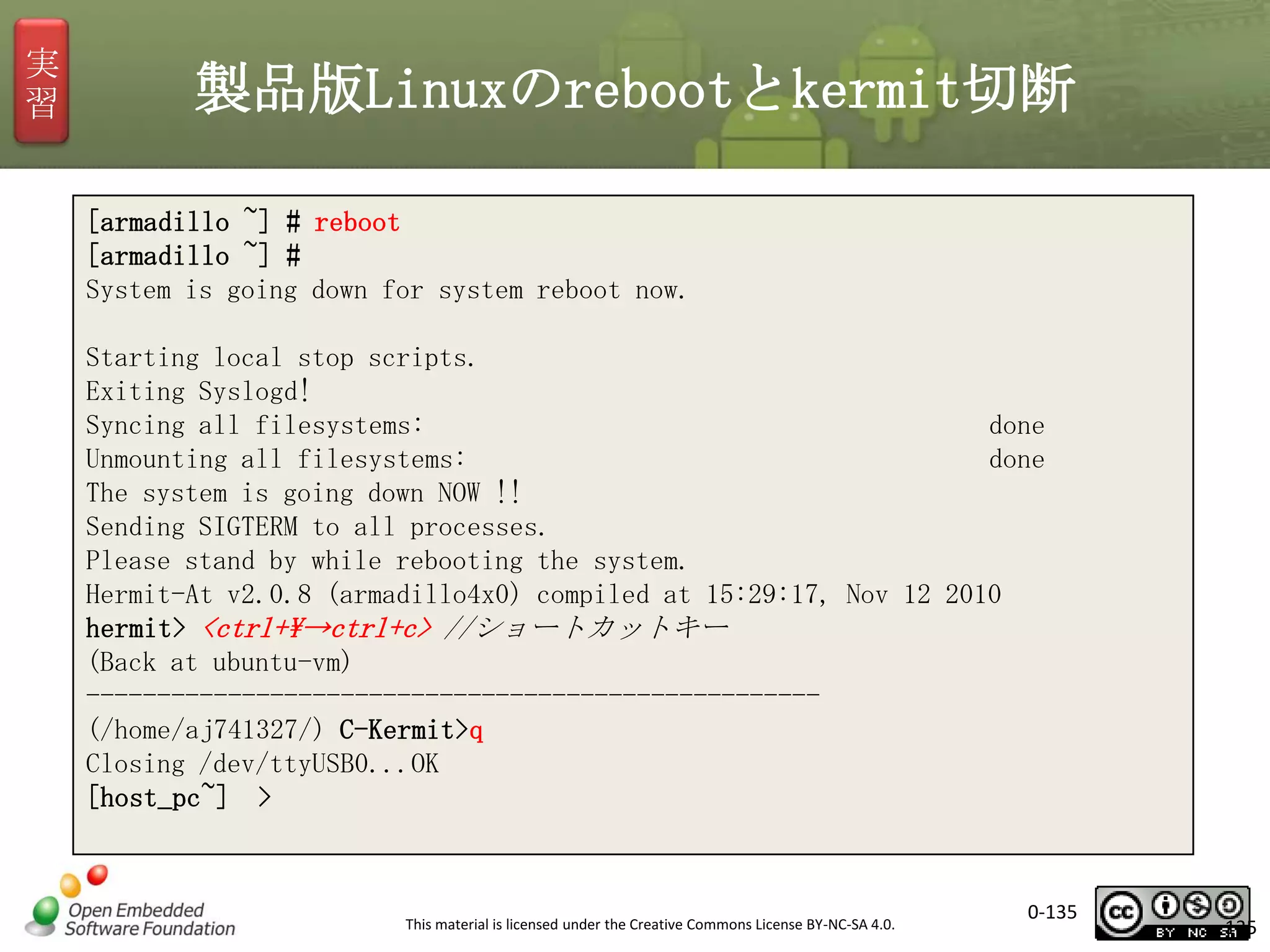 実
習

製品版Linuxのrebootとkermit切断
[armadillo ~] # reboot
[armadillo ~] #
System is going down for system reboot now.

Starting local stop scripts.
Exiting Syslogd!
Syncing all filesystems:
done
Unmounting all filesystems:
done
The system is going down NOW !!
Sending SIGTERM to all processes.
Please stand by while rebooting the system.
Hermit-At v2.0.8 (armadillo4x0) compiled at 15:29:17, Nov 12 2010
hermit> <ctrl+→ctrl+c> //ショートカットキー
(Back at ubuntu-vm)
---------------------------------------------------(/home/aj741327/) C-Kermit>q
Closing /dev/ttyUSB0...OK
[host_pc~] >

This material is licensed under the Creative Commons License BY-NC-SA 4.0.

0-135

135

 