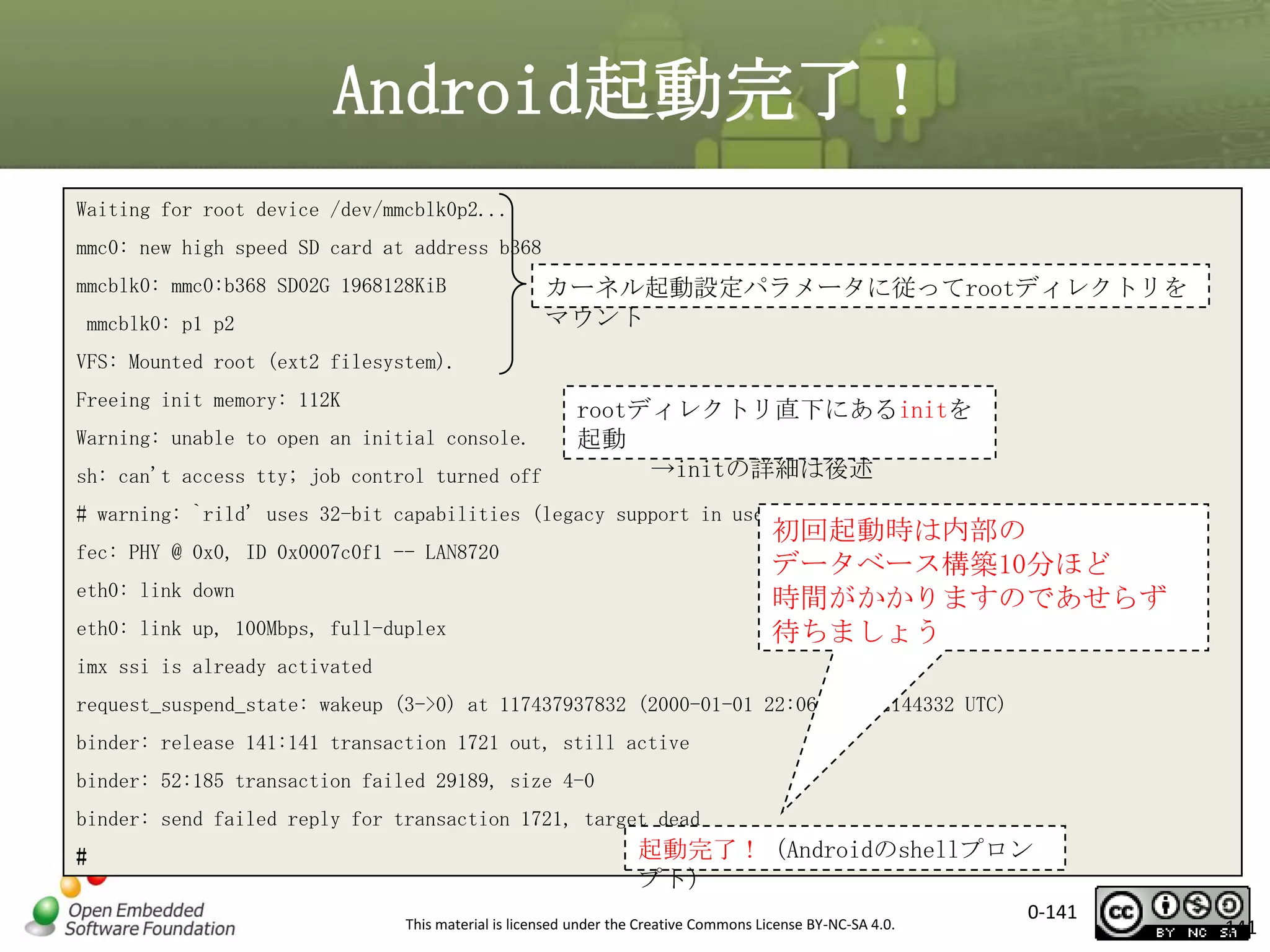 Android起動完了！
Waiting for root device /dev/mmcblk0p2...
mmc0: new high speed SD card at address b368
mmcblk0: mmc0:b368 SD02G 1968128KiB
mmcblk0: p1 p2

カーネル起動設定パラメータに従ってrootディレクトリを
マウント

VFS: Mounted root (ext2 filesystem).
Freeing init memory: 112K
Warning: unable to open an initial console.
sh: can't access tty; job control turned off

rootディレクトリ直下にあるinitを
起動
→initの詳細は後述

# warning: `rild' uses 32-bit capabilities (legacy support in use)

初回起動時は内部の
データベース構築10分ほど
時間がかかりますのであせらず
待ちましょう

fec: PHY @ 0x0, ID 0x0007c0f1 -- LAN8720
eth0: link down
eth0: link up, 100Mbps, full-duplex
imx ssi is already activated

request_suspend_state: wakeup (3->0) at 117437937832 (2000-01-01 22:06:54.852144332 UTC)
binder: release 141:141 transaction 1721 out, still active
binder: 52:185 transaction failed 29189, size 4-0
binder: send failed reply for transaction 1721, target dead
#

起動完了！（Androidのshellプロン
プト）
This material is licensed under the Creative Commons License BY-NC-SA 4.0.

0-141

141

 