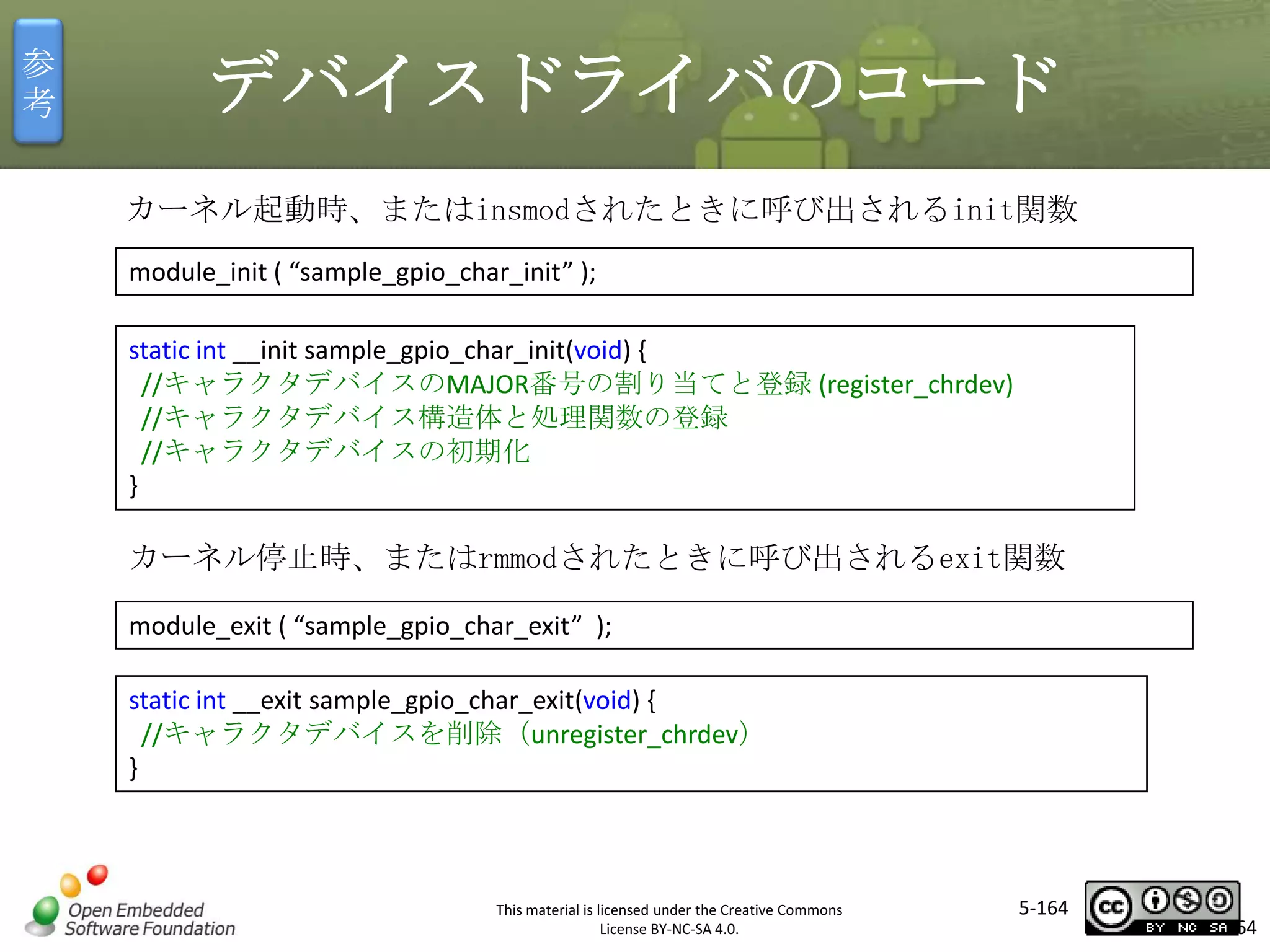 参
考

デバイスドライバのコード
カーネル起動時、またはinsmodされたときに呼び出されるinit関数
module_init ( “sample_gpio_char_init” );
static int __init sample_gpio_char_init(void) {
//キャラクタデバイスのMAJOR番号の割り当てと登録 (register_chrdev)
//キャラクタデバイス構造体と処理関数の登録
//キャラクタデバイスの初期化
}

マスタ タイトルの書式設定

カーネル停止時、またはrmmodされたときに呼び出されるexit関数
module_exit ( “sample_gpio_char_exit” );
static int __exit sample_gpio_char_exit(void) {
//キャラクタデバイスを削除（unregister_chrdev）
}

This material is licensed under the Creative Commons
License BY-NC-SA 4.0.

5-164

164

 