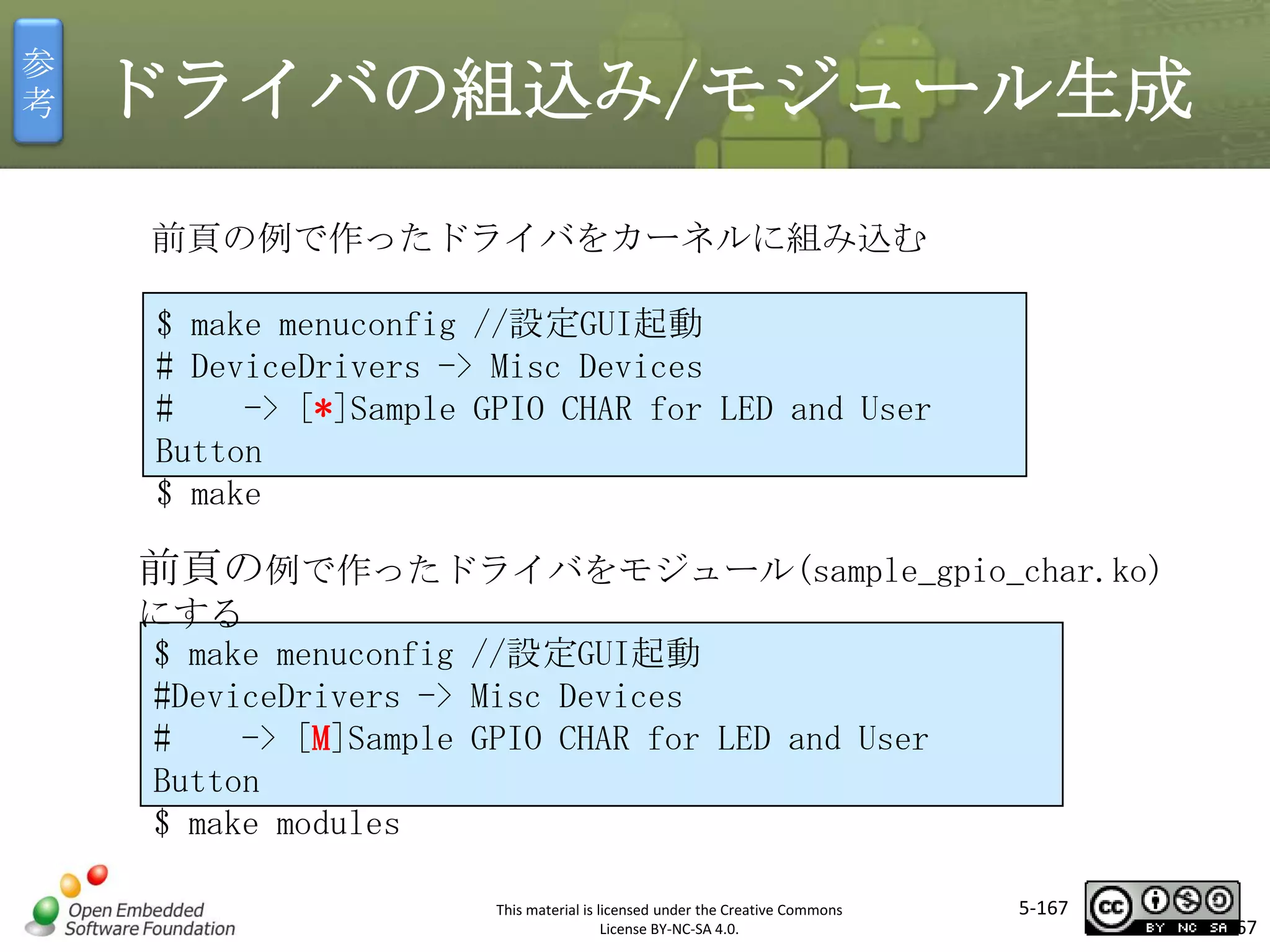 参
考

ドライバの組込み/モジュール生成
前頁の例で作ったドライバをカーネルに組み込む
$ make menuconfig //設定GUI起動
# DeviceDrivers -> Misc Devices
#
-> [*]Sample GPIO CHAR for LED and User
Button
$ make

マスタ タイトルの書式設定

前頁の例で作ったドライバをモジュール(sample_gpio_char.ko)
にする
$ make menuconfig //設定GUI起動
#DeviceDrivers -> Misc Devices
#
-> [M]Sample GPIO CHAR for LED and User
Button
$ make modules
This material is licensed under the Creative Commons
License BY-NC-SA 4.0.

5-167

167

 