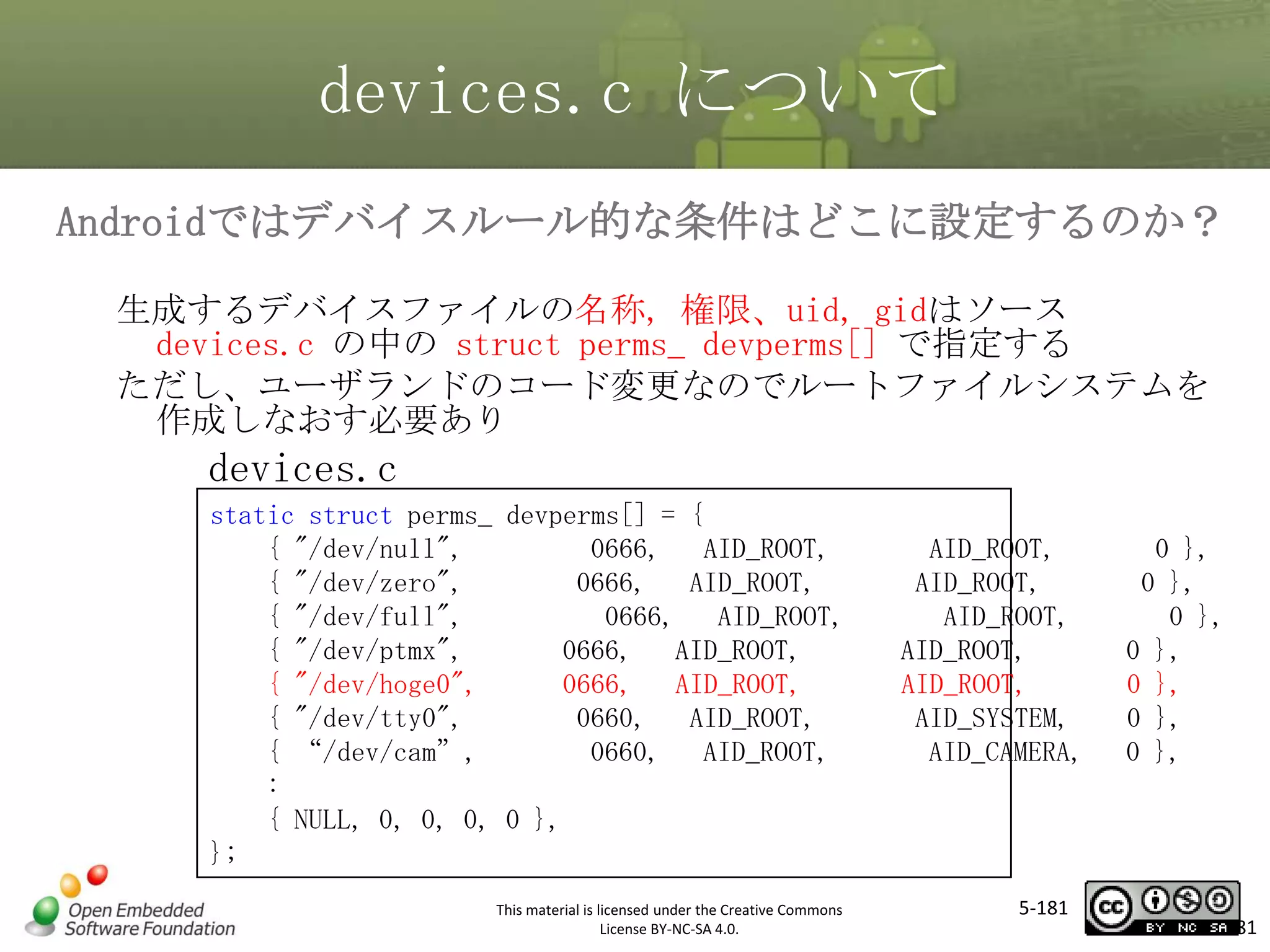 devices.c について
Androidではデバイスルール的な条件はどこに設定するのか？
生成するデバイスファイルの名称, 権限、uid, gidはソース
devices.c の中の struct perms_ devperms[] で指定する
ただし、ユーザランドのコード変更なのでルートファイルシステムを
作成しなおす必要あり

マスタ タイトルの書式設定
devices.c
static struct perms_ devperms[] = {
{ "/dev/null",
0666, AID_ROOT,
{ "/dev/zero",
0666,
AID_ROOT,
{ "/dev/full",
0666, AID_ROOT,
{ "/dev/ptmx",
0666, AID_ROOT,
{ "/dev/hoge0",
0666, AID_ROOT,
{ "/dev/tty0",
0660,
AID_ROOT,
{ “/dev/cam”,
0660, AID_ROOT,
:
{ NULL, 0, 0, 0, 0 },
};
This material is licensed under the Creative Commons
License BY-NC-SA 4.0.

AID_ROOT,
AID_ROOT,
AID_ROOT,
AID_ROOT,
AID_ROOT,
AID_SYSTEM,
AID_CAMERA,

5-181

0 },
0 },
0 },
0 },
0 },
0 },
0 },

181

 