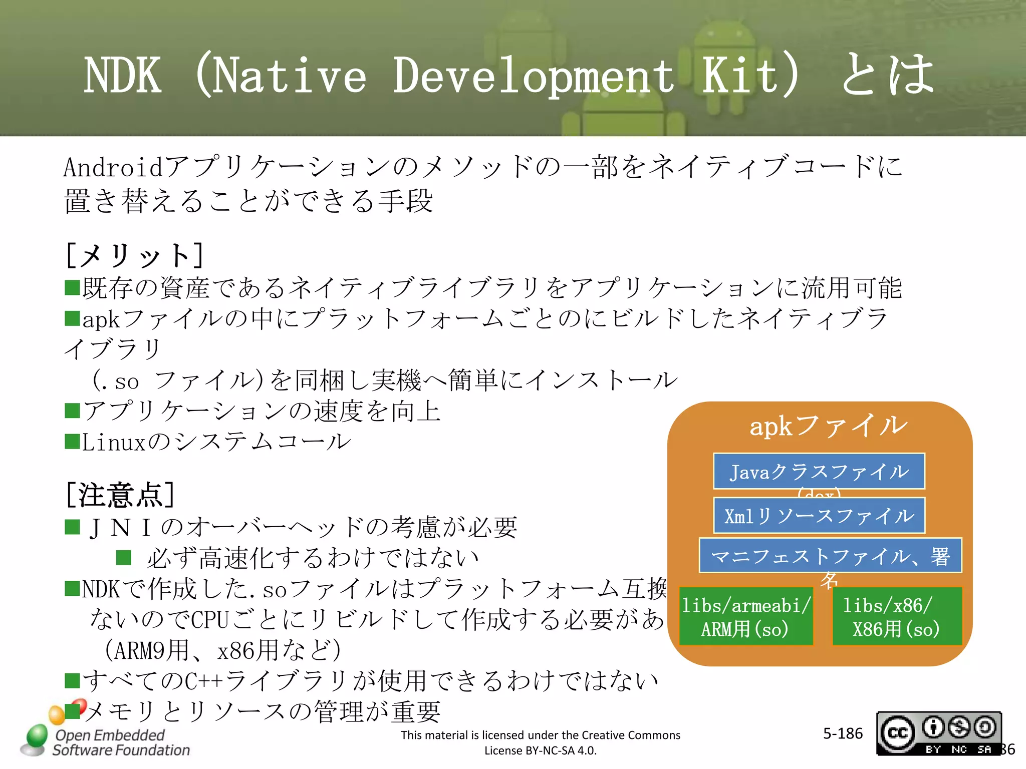 NDK（Native Development Kit）とは
Androidアプリケーションのメソッドの一部をネイティブコードに
置き替えることができる手段
[メリット]
既存の資産であるネイティブライブラリをアプリケーションに流用可能
apkファイルの中にプラットフォームごとのにビルドしたネイティブラ
イブラリ
(.so ファイル)を同梱し実機へ簡単にインストール
アプリケーションの速度を向上
apkファイル
Linuxのシステムコール

マスタ タイトルの書式設定
Javaクラスファイル
(dex)
Xmlリソースファイル

[注意点]

ＪＮＩのオーバーヘッドの考慮が必要
マニフェストファイル、署
 必ず高速化するわけではない
名
NDKで作成した.soファイルはプラットフォーム互換が
libs/armeabi/
libs/x86/
ないのでCPUごとにリビルドして作成する必要がある ARM用(so)
X86用(so)
（ARM9用、x86用など）
すべてのC++ライブラリが使用できるわけではない
メモリとリソースの管理が重要
This material is licensed under the Creative Commons
License BY-NC-SA 4.0.

5-186

186

 
