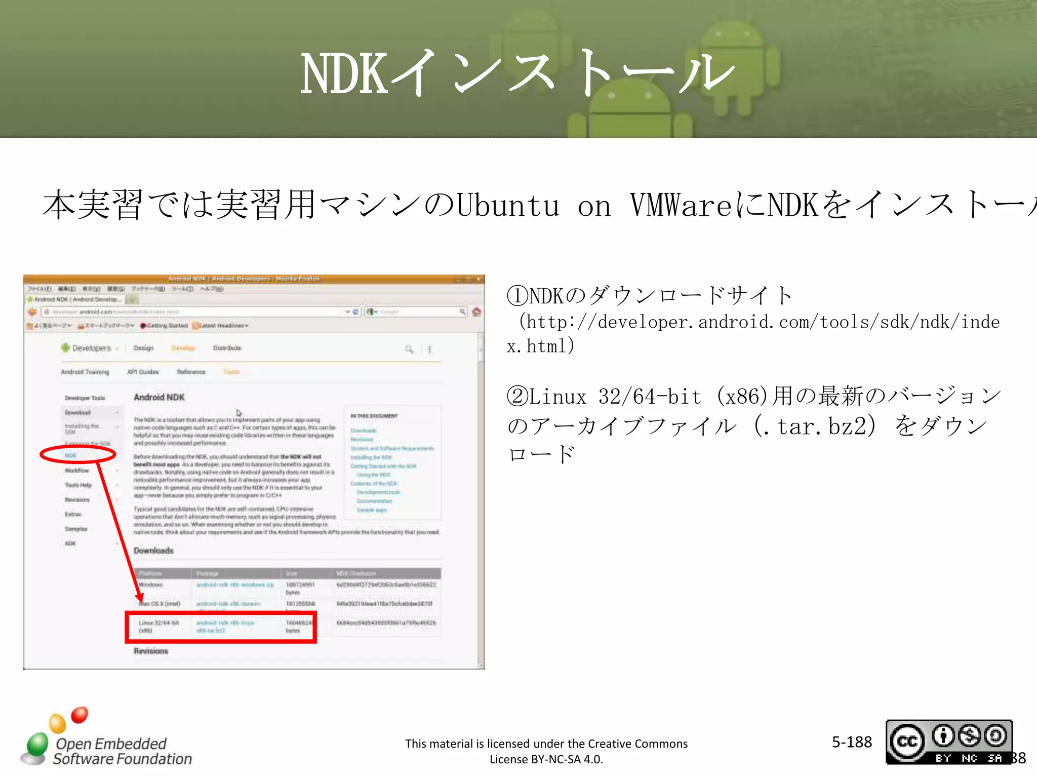 NDKインストール

本実習では実習用マシンのUbuntu on VMWareにNDKをインストール
①NDKのダウンロードサイト
（http://developer.android.com/tools/sdk/ndk/inde
x.html）

マスタ タイトルの書式設定

②Linux 32/64-bit (x86)用の最新のバージョン
のアーカイブファイル（.tar.bz2）をダウン
ロード

This material is licensed under the Creative Commons
License BY-NC-SA 4.0.

5-188

188

 