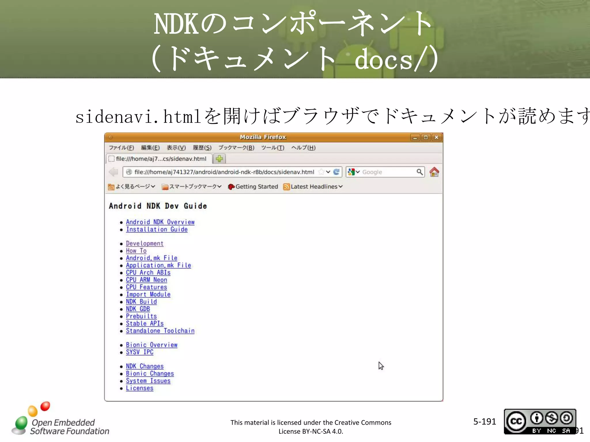NDKのコンポーネント
（ドキュメント docs/）

sidenavi.htmlを開けばブラウザでドキュメントが読めます

マスタ タイトルの書式設定

This material is licensed under the Creative Commons
License BY-NC-SA 4.0.

5-191

191

 