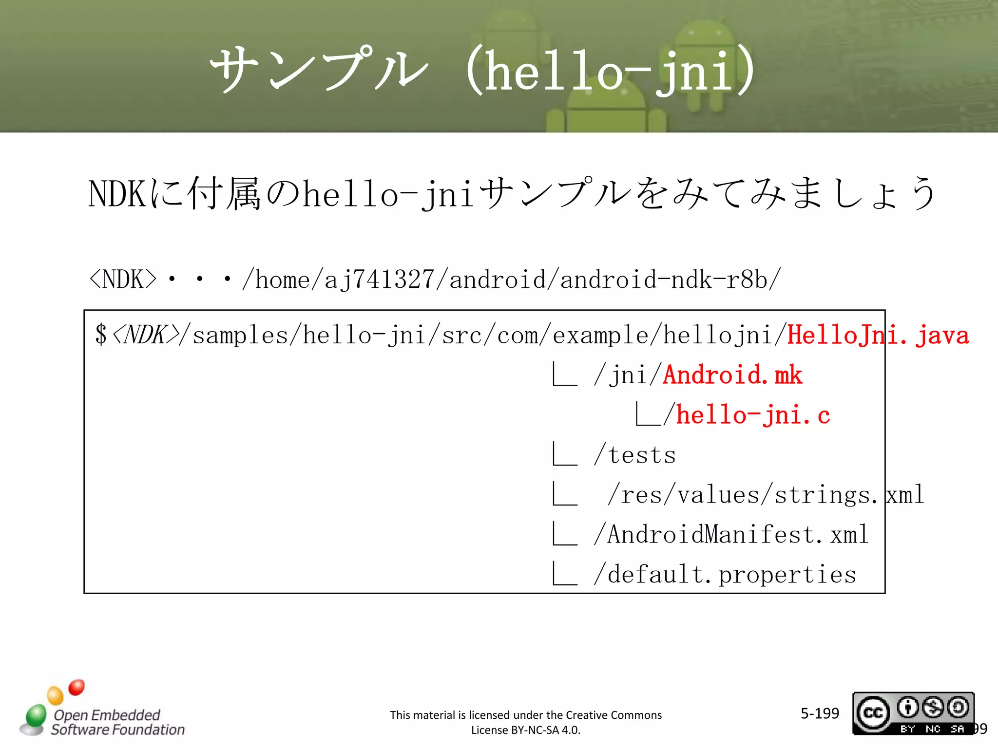 サンプル（hello-jni）
NDKに付属のhello-jniサンプルをみてみましょう
<NDK>・・・/home/aj741327/android/android-ndk-r8b/

マスタ タイトルの書式設定

$<NDK>/samples/hello-jni/src/com/example/hellojni/HelloJni.java
∟ /jni/Android.mk
∟/hello-jni.c
∟ /tests
∟ /res/values/strings.xml
∟ /AndroidManifest.xml
∟ /default.properties

This material is licensed under the Creative Commons
License BY-NC-SA 4.0.

5-199

199

 
