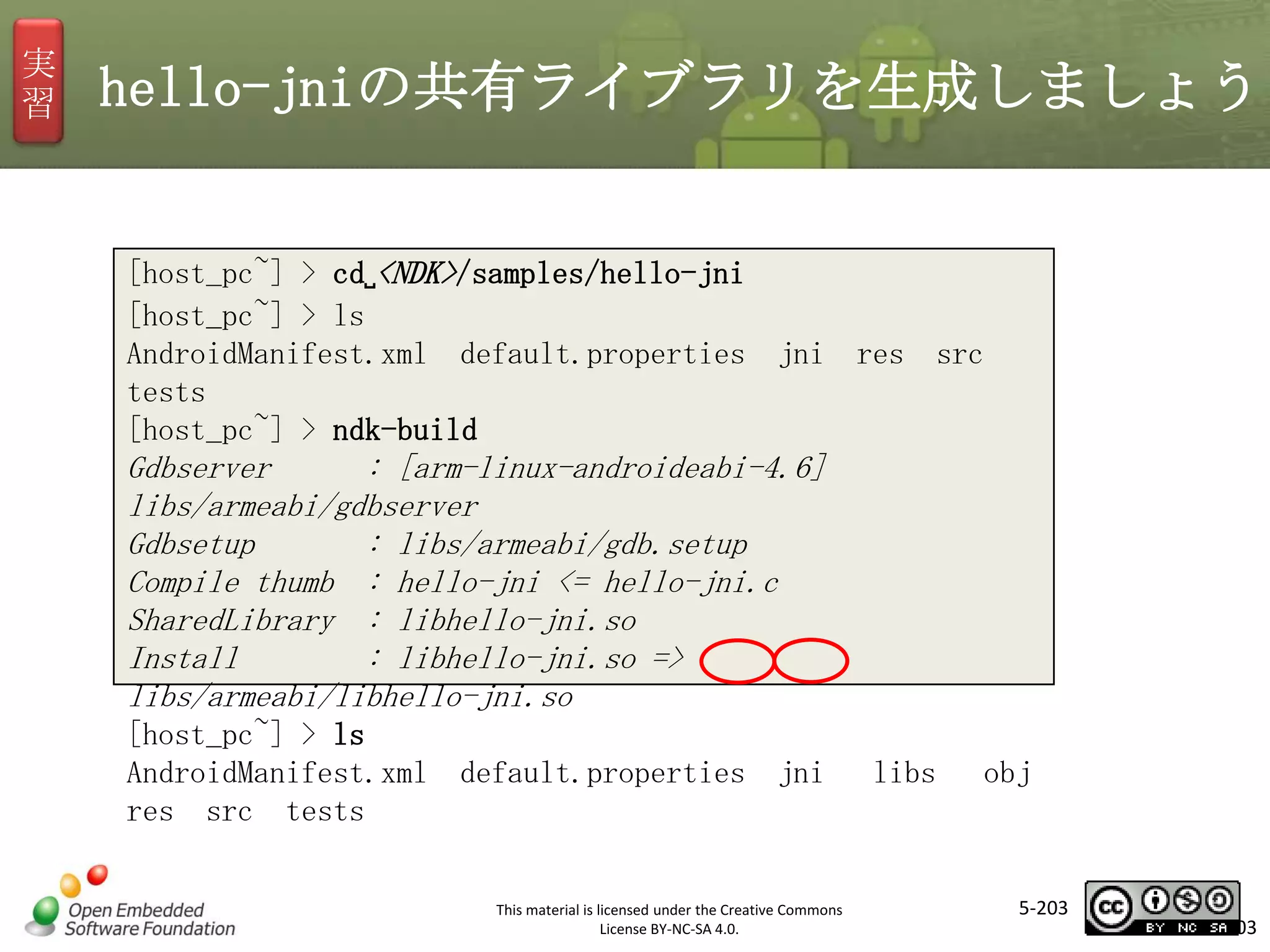 実
習

hello-jniの共有ライブラリを生成しましょう
[host_pc~] > cd␣<NDK>/samples/hello-jni
[host_pc~] > ls
AndroidManifest.xml default.properties
tests
[host_pc~] > ndk-build

jni

res

src

マスタ タイトルの書式設定

Gdbserver
: [arm-linux-androideabi-4.6]
libs/armeabi/gdbserver
Gdbsetup
: libs/armeabi/gdb.setup
Compile thumb : hello-jni <= hello-jni.c
SharedLibrary : libhello-jni.so
Install
: libhello-jni.so =>
libs/armeabi/libhello-jni.so
[host_pc~] > ls
AndroidManifest.xml default.properties
res src tests

jni

This material is licensed under the Creative Commons
License BY-NC-SA 4.0.

libs

obj

5-203

203

 