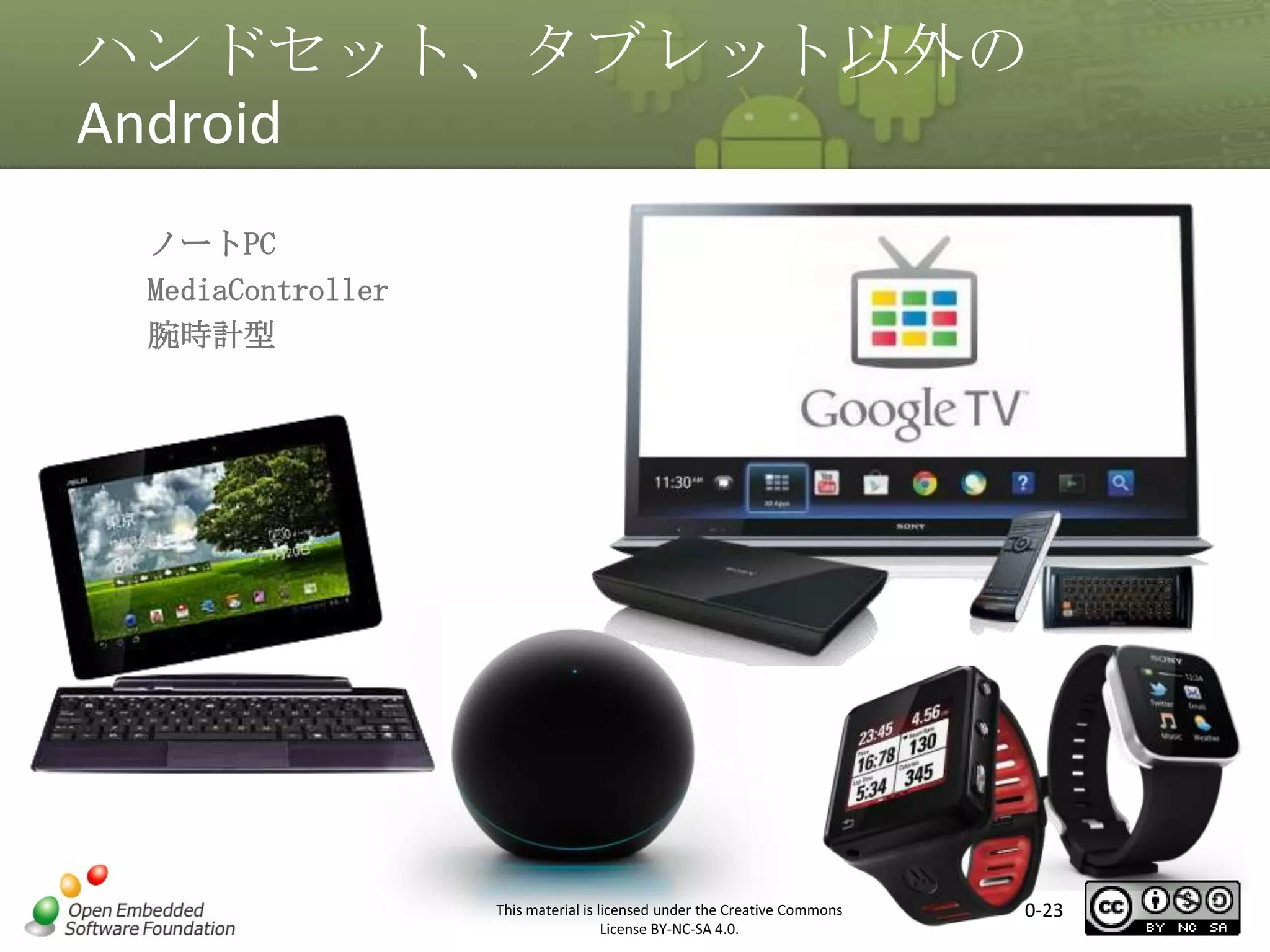 ハンドセット、タブレット以外の
Android
ノートPC
MediaController
腕時計型

マスタ タイトルの書式設定

This material is licensed under the Creative Commons
License BY-NC-SA 4.0.

0-23

 