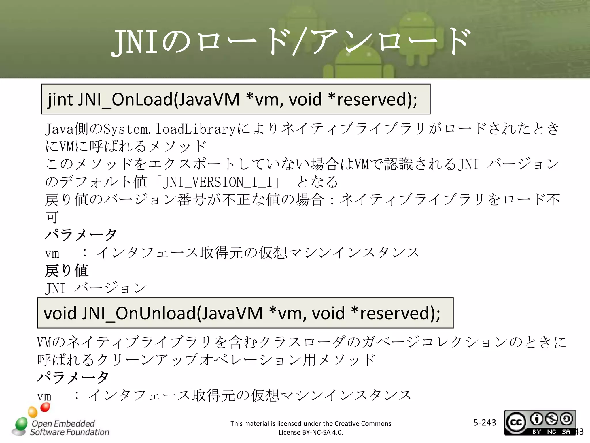 JNIのロード/アンロード
jint JNI_OnLoad(JavaVM *vm, void *reserved);
Java側のSystem.loadLibraryによりネイティブライブラリがロードされたとき
にVMに呼ばれるメソッド
このメソッドをエクスポートしていない場合はVMで認識されるJNI バージョン
のデフォルト値「JNI_VERSION_1_1」 となる
戻り値のバージョン番号が不正な値の場合：ネイティブライブラリをロード不
可
パラメータ
vm : インタフェース取得元の仮想マシンインスタンス
戻り値
JNI バージョン

マスタ タイトルの書式設定

void JNI_OnUnload(JavaVM *vm, void *reserved);
VMのネイティブライブラリを含むクラスローダのガベージコレクションのときに
呼ばれるクリーンアップオペレーション用メソッド
パラメータ
vm : インタフェース取得元の仮想マシンインスタンス
This material is licensed under the Creative Commons
License BY-NC-SA 4.0.

5-243

243

 
