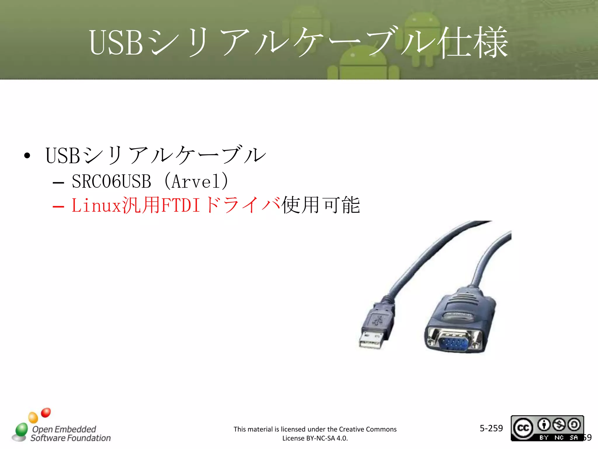 USBシリアルケーブル仕様
• USBシリアルケーブル
– SRC06USB（Arvel）
– Linux汎用FTDIドライバ使用可能

マスタ タイトルの書式設定

This material is licensed under the Creative Commons
License BY-NC-SA 4.0.

5-259

259

 