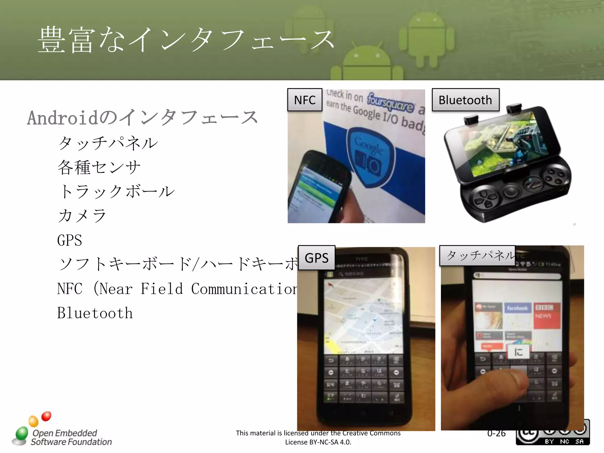 豊富なインタフェース
Androidのインタフェース

NFC

タッチパネル
各種センサ
トラックボール
カメラ
GPS
GPS
ソフトキーボード/ハードキーボード
NFC（Near Field Communication）
Bluetooth

Bluetooth

マスタ タイトルの書式設定

This material is licensed under the Creative Commons
License BY-NC-SA 4.0.

タッチパネル

0-26

 