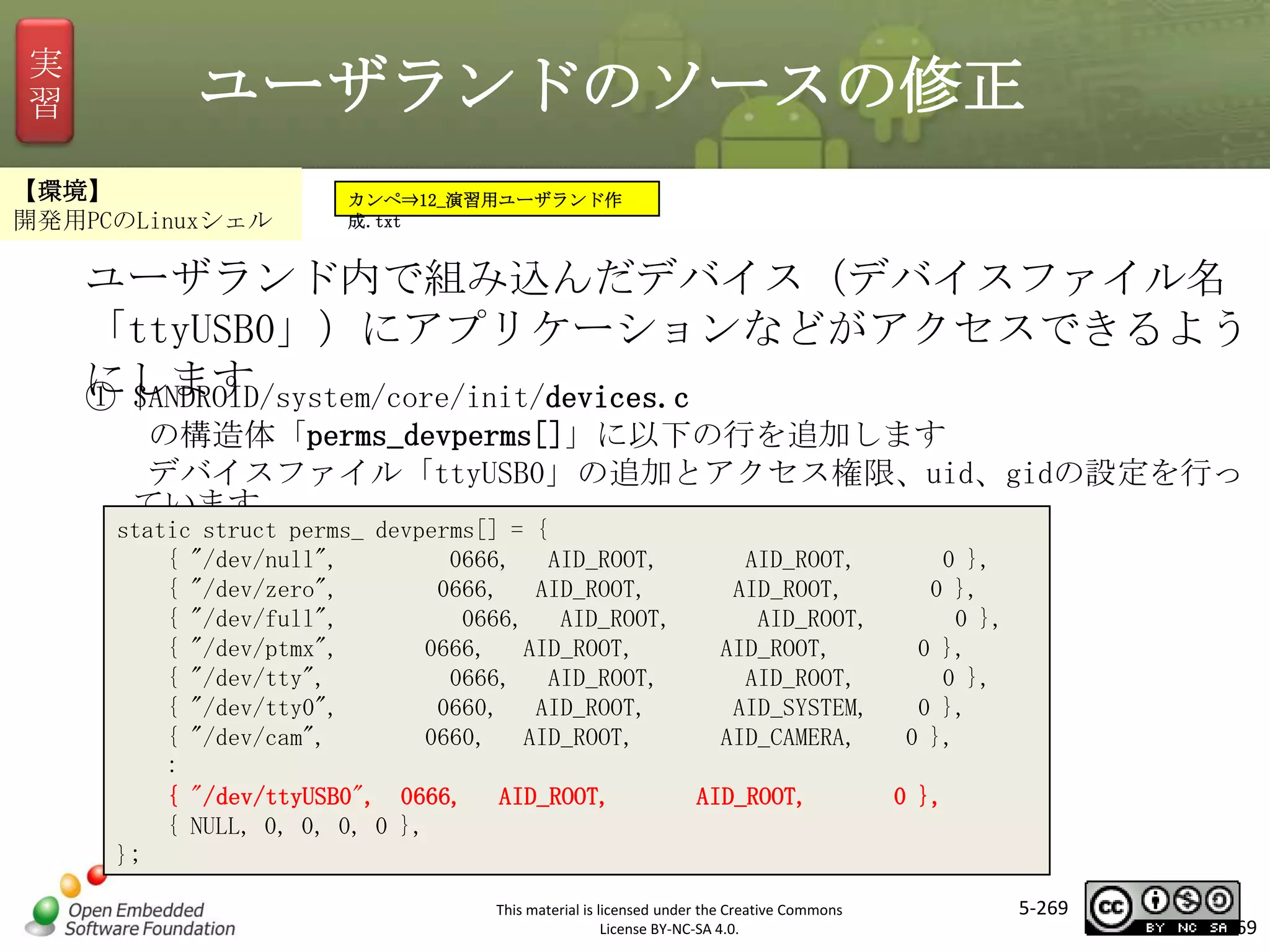実
習

ユーザランドのソースの修正

【環境】
開発用PCのLinuxシェル

カンペ⇒12_演習用ユーザランド作
成.txt

ユーザランド内で組み込んだデバイス（デバイスファイル名
「ttyUSB0」）にアプリケーションなどがアクセスできるよう
にします
① $ANDROID/system/core/init/devices.c

マスタ タイトルの書式設定

の構造体「perms_devperms[]」に以下の行を追加します
デバイスファイル「ttyUSB0」の追加とアクセス権限、uid、gidの設定を行っ
ています

static struct perms_ devperms[] = {
{ "/dev/null",
0666, AID_ROOT,
AID_ROOT,
0 },
{ "/dev/zero",
0666, AID_ROOT,
AID_ROOT,
0 },
{ "/dev/full",
0666, AID_ROOT,
AID_ROOT,
0 },
{ "/dev/ptmx",
0666, AID_ROOT,
AID_ROOT,
0 },
{ "/dev/tty",
0666, AID_ROOT,
AID_ROOT,
0 },
{ "/dev/tty0",
0660, AID_ROOT,
AID_SYSTEM,
0 },
{ "/dev/cam",
0660, AID_ROOT,
AID_CAMERA,
0 },
:
{ "/dev/ttyUSB0", 0666, AID_ROOT,
AID_ROOT,
0 },
{ NULL, 0, 0, 0, 0 },
};
This material is licensed under the Creative Commons
License BY-NC-SA 4.0.

5-269

269

 