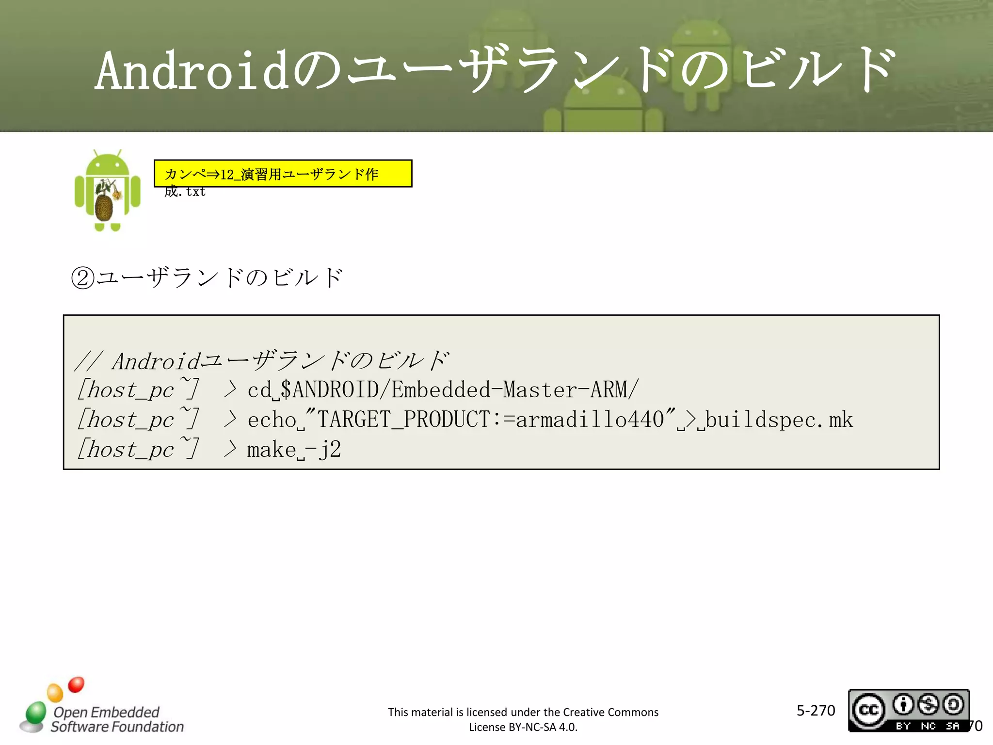 Androidのユーザランドのビルド
カンペ⇒12_演習用ユーザランド作
成.txt

②ユーザランドのビルド

マスタ タイトルの書式設定

// Androidユーザランドのビルド
[host_pc~] > cd␣$ANDROID/Embedded-Master-ARM/
[host_pc~] > echo␣"TARGET_PRODUCT:=armadillo440"␣>␣buildspec.mk
[host_pc~] > make␣-j2

This material is licensed under the Creative Commons
License BY-NC-SA 4.0.

5-270

270

 