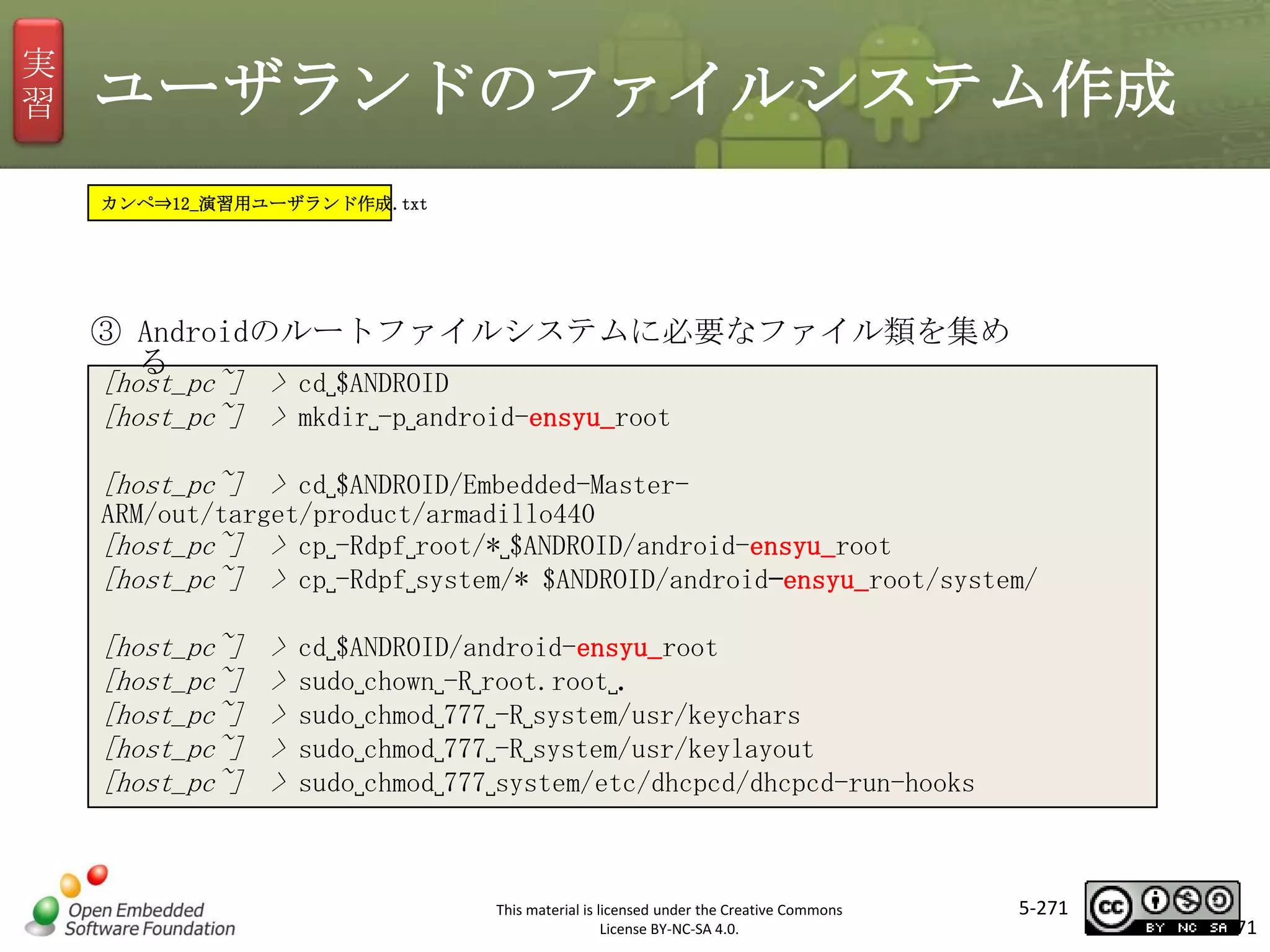 実
習

ユーザランドのファイルシステム作成
カンペ⇒12_演習用ユーザランド作成.txt

③ Androidのルートファイルシステムに必要なファイル類を集め
る
[host_pc~] > cd␣$ANDROID
[host_pc~] > mkdir␣-p␣android-ensyu_root

マスタ タイトルの書式設定

[host_pc~] > cd␣$ANDROID/Embedded-MasterARM/out/target/product/armadillo440
[host_pc~] > cp␣-Rdpf␣root/*␣$ANDROID/android-ensyu_root
[host_pc~] > cp␣-Rdpf␣system/* $ANDROID/android—ensyu_root/system/

[host_pc~]
[host_pc~]
[host_pc~]
[host_pc~]
[host_pc~]

>
>
>
>
>

cd␣$ANDROID/android-ensyu_root
sudo␣chown␣-R␣root.root␣.
sudo␣chmod␣777␣-R␣system/usr/keychars
sudo␣chmod␣777␣-R␣system/usr/keylayout
sudo␣chmod␣777␣system/etc/dhcpcd/dhcpcd-run-hooks

This material is licensed under the Creative Commons
License BY-NC-SA 4.0.

5-271

271

 