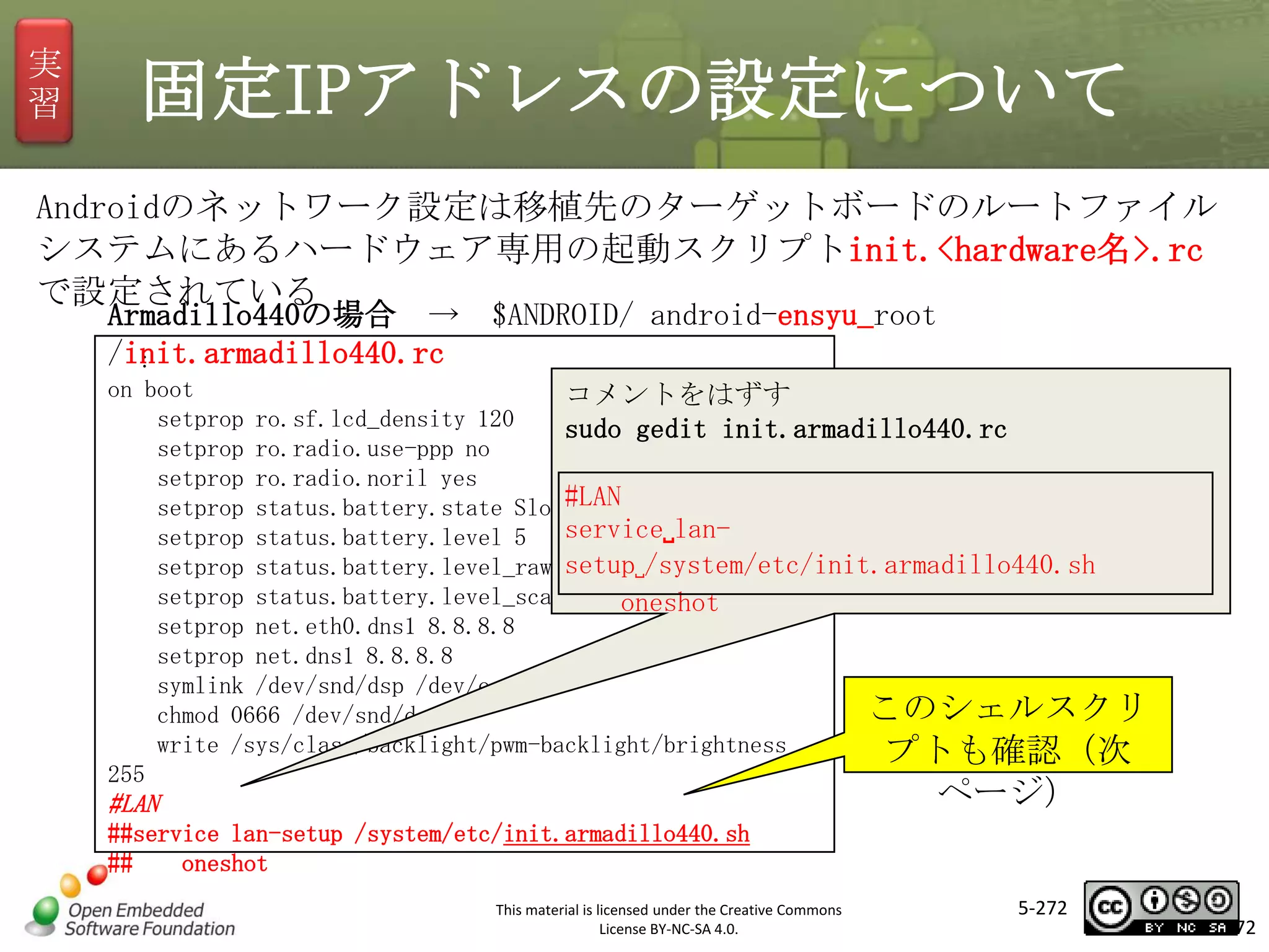 実
習

固定IPアドレスの設定について

Androidのネットワーク設定は移植先のターゲットボードのルートファイル
システムにあるハードウェア専用の起動スクリプトinit.<hardware名>.rc
で設定されている
Armadillo440の場合 →
/init.armadillo440.rc
：

$ANDROID/ android-ensyu_root

on boot
コメントをはずす
setprop ro.sf.lcd_density 120
sudo gedit init.armadillo440.rc
setprop ro.radio.use-ppp no
setprop ro.radio.noril yes
setprop status.battery.state Slow#LAN
service␣lansetprop status.battery.level 5
setprop status.battery.level_raw setup␣/system/etc/init.armadillo440.sh
50
setprop status.battery.level_scale 9 oneshot
setprop net.eth0.dns1 8.8.8.8
setprop net.dns1 8.8.8.8
symlink /dev/snd/dsp /dev/eac
このシェルスクリ
chmod 0666 /dev/snd/dsp
write /sys/class/backlight/pwm-backlight/brightness
プトも確認（次
255

マスタ タイトルの書式設定

ページ）

#LAN
##service lan-setup /system/etc/init.armadillo440.sh
##
oneshot
This material is licensed under the Creative Commons
License BY-NC-SA 4.0.

5-272

272

 