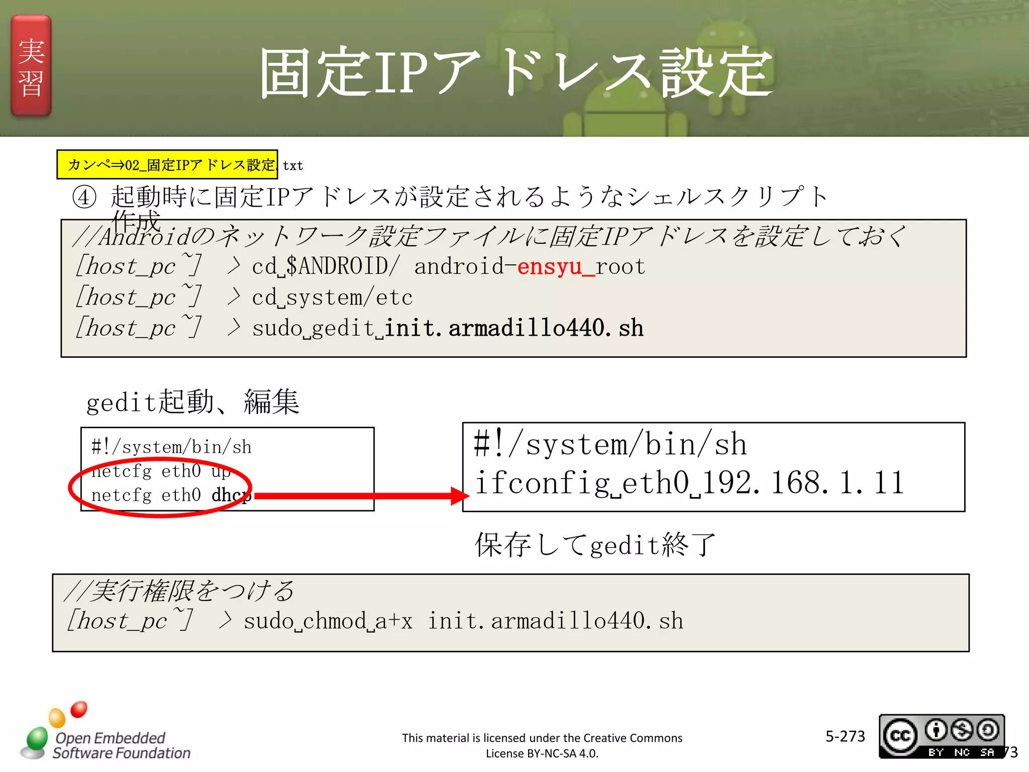 実
習

固定IPアドレス設定
カンペ⇒02_固定IPアドレス設定.txt

④ 起動時に固定IPアドレスが設定されるようなシェルスクリプト
作成

//Androidのネットワーク設定ファイルに固定IPアドレスを設定しておく
[host_pc~] > cd␣$ANDROID/ android-ensyu_root
[host_pc~] > cd␣system/etc
[host_pc~] > sudo␣gedit␣init.armadillo440.sh

マスタ タイトルの書式設定

gedit起動、編集
#!/system/bin/sh
netcfg eth0 up
netcfg eth0 dhcp

#!/system/bin/sh
ifconfig␣eth0␣192.168.1.11
保存してgedit終了

//実行権限をつける
[host_pc~] > sudo␣chmod␣a+x init.armadillo440.sh

This material is licensed under the Creative Commons
License BY-NC-SA 4.0.

5-273

273

 