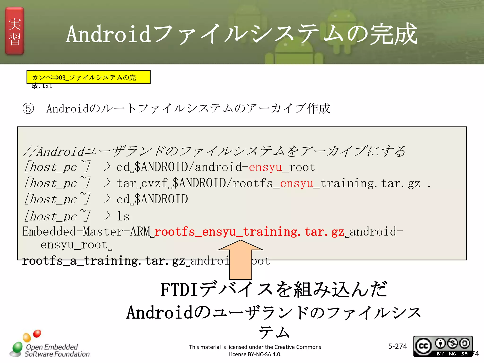 実
習

Androidファイルシステムの完成
カンペ⇒03_ファイルシステムの完
成.txt

⑤ Androidのルートファイルシステムのアーカイブ作成

//Androidユーザランドのファイルシステムをアーカイブにする
[host_pc~] > cd␣$ANDROID/android-ensyu_root
[host_pc~] > tar␣cvzf␣$ANDROID/rootfs_ensyu_training.tar.gz .
[host_pc~] > cd␣$ANDROID
[host_pc~] > ls

マスタ タイトルの書式設定

Embedded-Master-ARM␣rootfs_ensyu_training.tar.gz␣androidensyu_root␣
rootfs_a_training.tar.gz␣android-root

FTDIデバイスを組み込んだ
Androidのユーザランドのファイルシス
テム
This material is licensed under the Creative Commons
License BY-NC-SA 4.0.

5-274

274

 