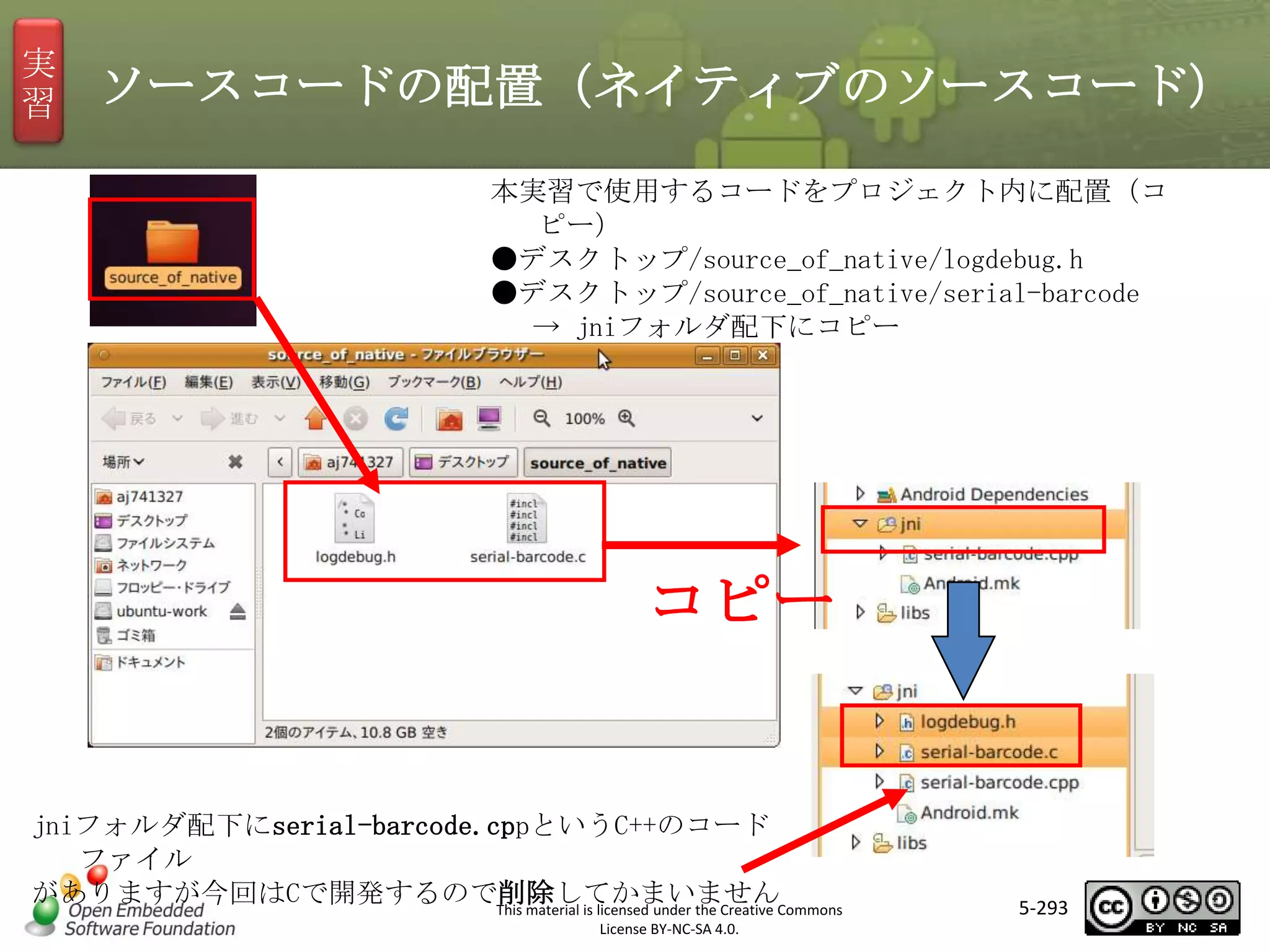 実
習

ソースコードの配置（ネイティブのソースコード）
本実習で使用するコードをプロジェクト内に配置（コ
ピー）
●デスクトップ/source_of_native/logdebug.h
●デスクトップ/source_of_native/serial-barcode
→ jniフォルダ配下にコピー

マスタ タイトルの書式設定
コピー

jniフォルダ配下にserial-barcode.cppというC++のコード
ファイル
がありますが今回はCで開発するので削除してかまいませんCommons
This material is licensed under the Creative
License BY-NC-SA 4.0.

5-293

 