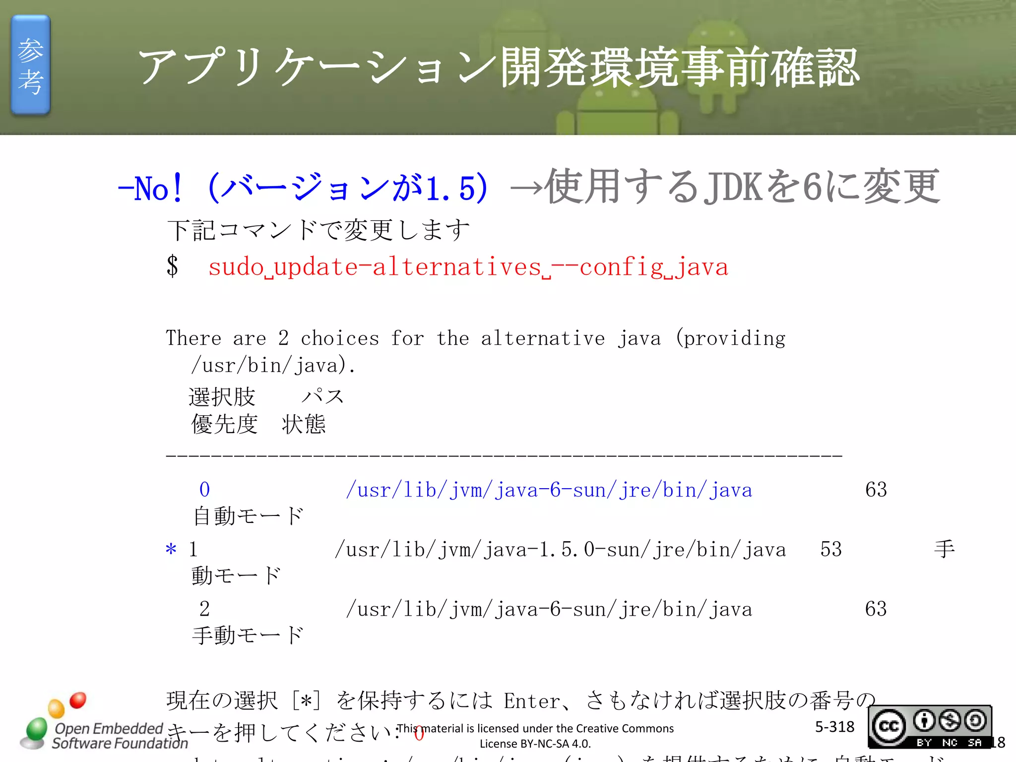 参
考

アプリケーション開発環境事前確認
-No!（バージョンが1.5）→使用するJDKを6に変更
下記コマンドで変更します

$ sudo␣update-alternatives␣--config␣java

マスタ タイトルの書式設定
There are 2 choices for the alternative java (providing
/usr/bin/java).
選択肢
パス
優先度 状態
-----------------------------------------------------------0
/usr/lib/jvm/java-6-sun/jre/bin/java
63
自動モード
* 1
/usr/lib/jvm/java-1.5.0-sun/jre/bin/java 53
動モード
2
/usr/lib/jvm/java-6-sun/jre/bin/java
63
手動モード
現在の選択 [*] を保持するには Enter、さもなければ選択肢の番号の
5-318
This
under the Creative
キーを押してください: 0material is licensed BY-NC-SA 4.0. Commons
License

手

318

 