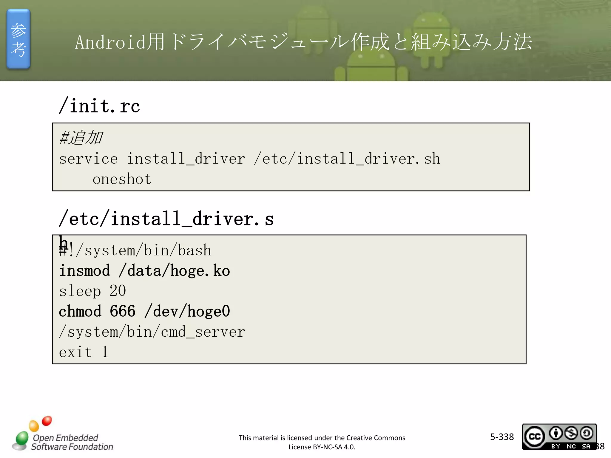 参
考

Android用ドライバモジュール作成と組み込み方法

/init.rc
#追加
service install_driver /etc/install_driver.sh
oneshot

マスタ タイトルの書式設定

/etc/install_driver.s
h
#!/system/bin/bash
insmod /data/hoge.ko
sleep 20
chmod 666 /dev/hoge0
/system/bin/cmd_server
exit 1

This material is licensed under the Creative Commons
License BY-NC-SA 4.0.

5-338

338

 