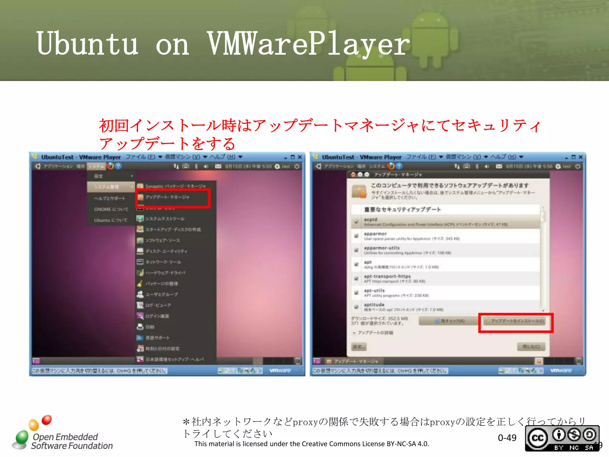 Ubuntu on VMWarePlayer
初回インストール時はアップデートマネージャにてセキュリティ
アップデートをする

＊社内ネットワークなどproxyの関係で失敗する場合はproxyの設定を正しく行ってからリ
トライしてください
0-49
This material is licensed under the Creative Commons License BY-NC-SA 4.0.

49

 