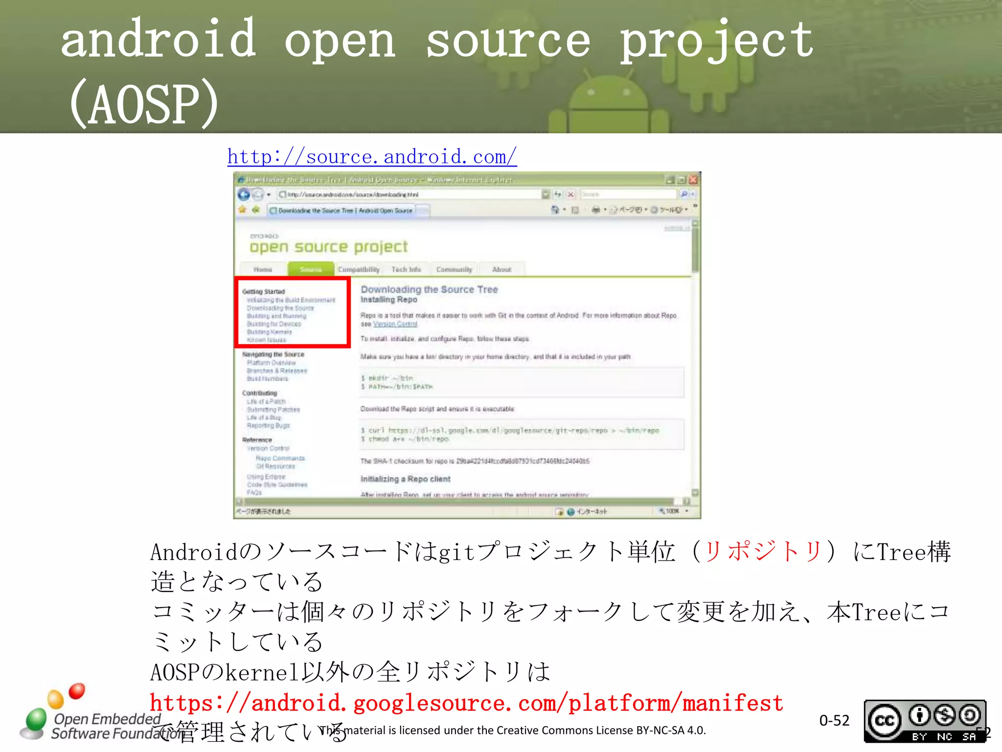 android open source project
(AOSP)
http://source.android.com/

Androidのソースコードはgitプロジェクト単位（リポジトリ）にTree構
造となっている
コミッターは個々のリポジトリをフォークして変更を加え、本Treeにコ
ミットしている
AOSPのkernel以外の全リポジトリは
https://android.googlesource.com/platform/manifest
0-52
This material is licensed under the Creative Commons License BY-NC-SA 4.0.
で管理されている

52

 