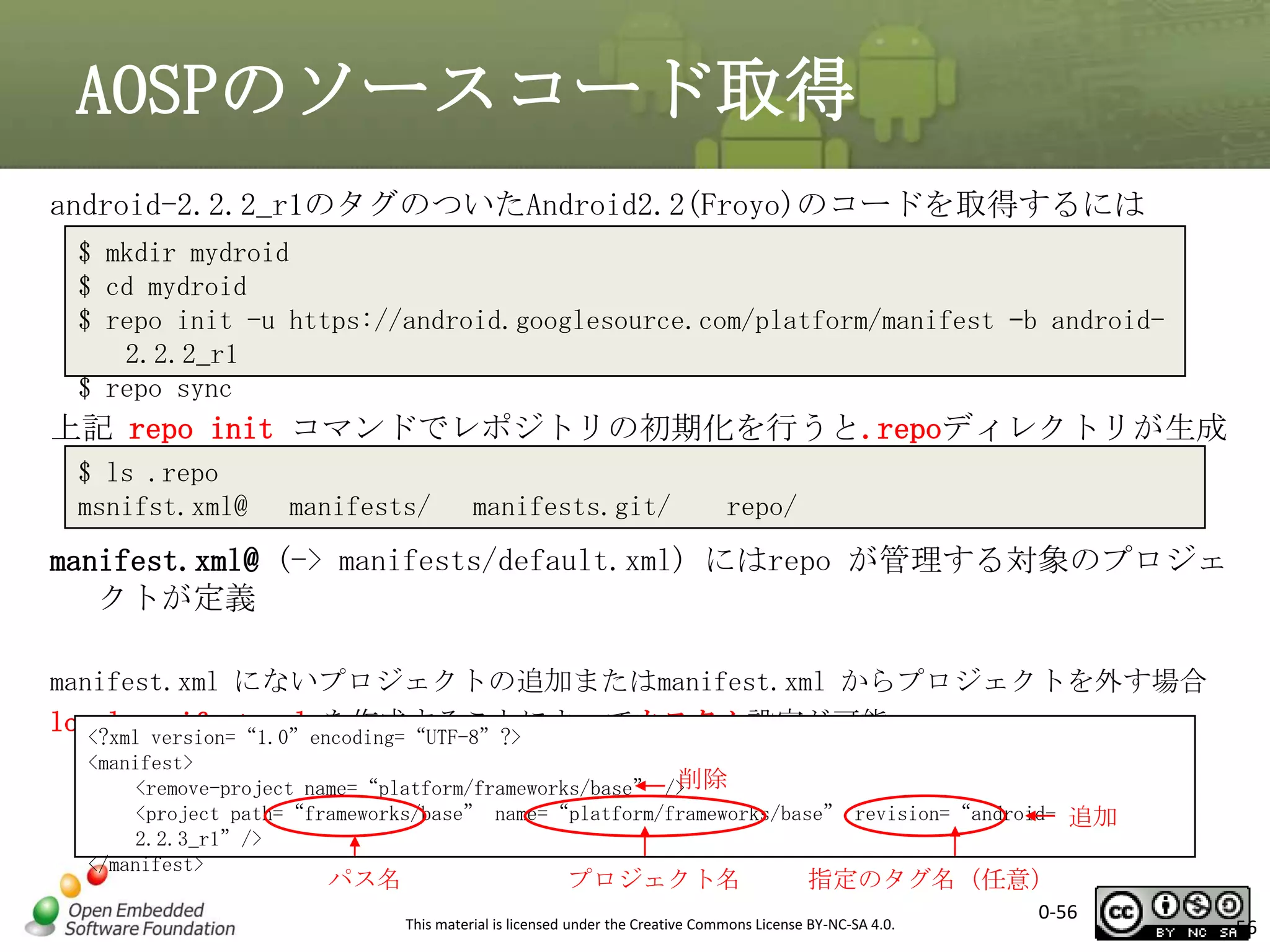 AOSPのソースコード取得
android-2.2.2_r1のタグのついたAndroid2.2(Froyo)のコードを取得するには
$ mkdir mydroid
$ cd mydroid
$ repo init -u https://android.googlesource.com/platform/manifest –b android2.2.2_r1
$ repo sync

上記 repo init コマンドでレポジトリの初期化を行うと.repoディレクトリが生成
$ ls .repo
msnifst.xml@

manifests/

manifests.git/

repo/

manifest.xml@ (-> manifests/default.xml) にはrepo が管理する対象のプロジェ
クトが定義
manifest.xml にないプロジェクトの追加またはmanifest.xml からプロジェクトを外す場合
local_manifest.xml を作成することによってカスタム設定が可能
<?xml version=“1.0”encoding=“UTF-8”?>
<manifest>
削除
<remove-project name=“platform/frameworks/base” />
<project path=“frameworks/base” name=“platform/frameworks/base” revision=“android- 追加
2.2.3_r1”/>
</manifest>

パス名

プロジェクト名

指定のタグ名（任意）

This material is licensed under the Creative Commons License BY-NC-SA 4.0.

0-56

56

 