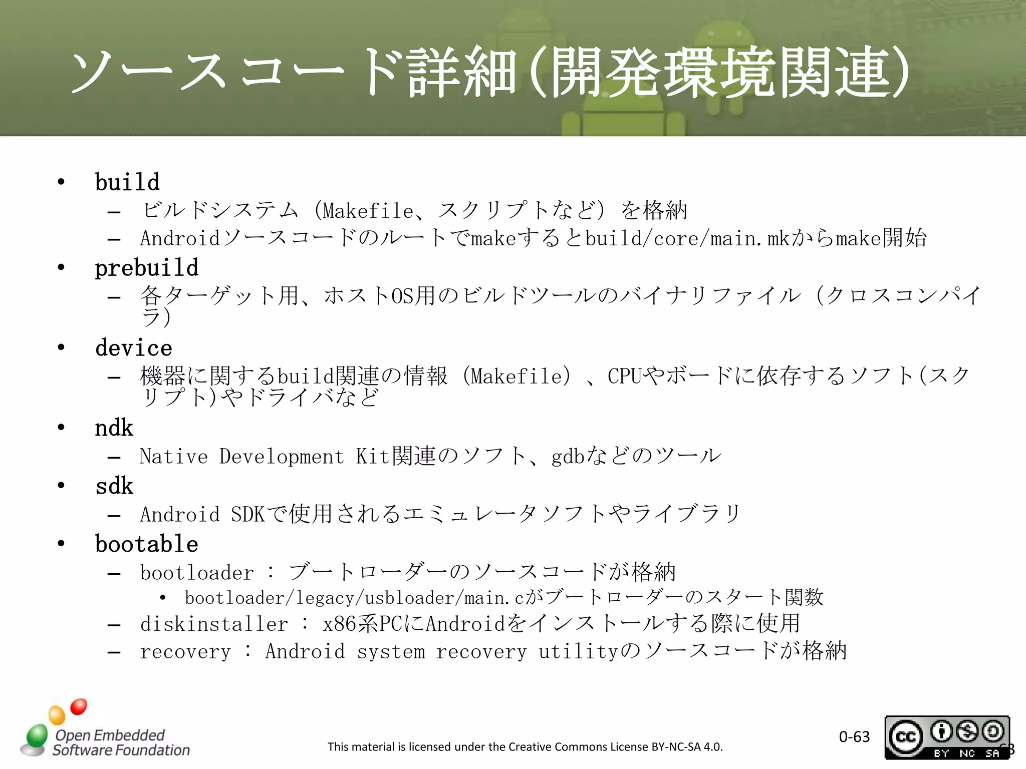 ソースコード詳細(開発環境関連)
•

build
– ビルドシステム（Makefile、スクリプトなど）を格納
– Androidソースコードのルートでmakeするとbuild/core/main.mkからmake開始

•

prebuild
– 各ターゲット用、ホストOS用のビルドツールのバイナリファイル（クロスコンパイ
ラ）

•

device
– 機器に関するbuild関連の情報（Makefile）、CPUやボードに依存するソフト(スク
リプト)やドライバなど

•

ndk
– Native Development Kit関連のソフト、gdbなどのツール

•

sdk
– Android SDKで使用されるエミュレータソフトやライブラリ

•

bootable
– bootloader : ブートローダーのソースコードが格納
• bootloader/legacy/usbloader/main.cがブートローダーのスタート関数

– diskinstaller : x86系PCにAndroidをインストールする際に使用
– recovery : Android system recovery utilityのソースコードが格納

This material is licensed under the Creative Commons License BY-NC-SA 4.0.

0-63

63

 