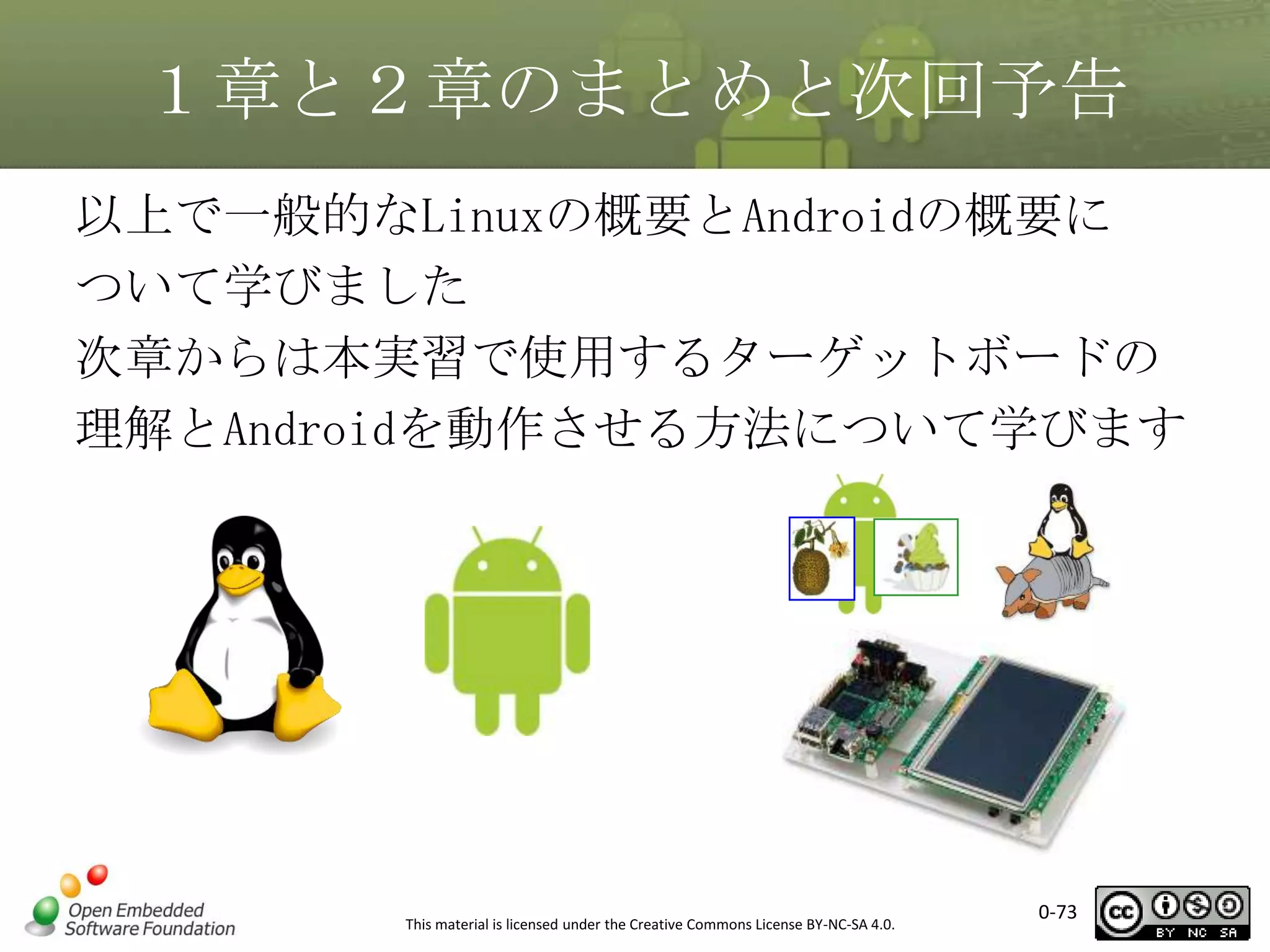 １章と２章のまとめと次回予告
以上で一般的なLinuxの概要とAndroidの概要に
ついて学びました
次章からは本実習で使用するターゲットボードの
理解とAndroidを動作させる方法について学びます

This material is licensed under the Creative Commons License BY-NC-SA 4.0.

0-73

 