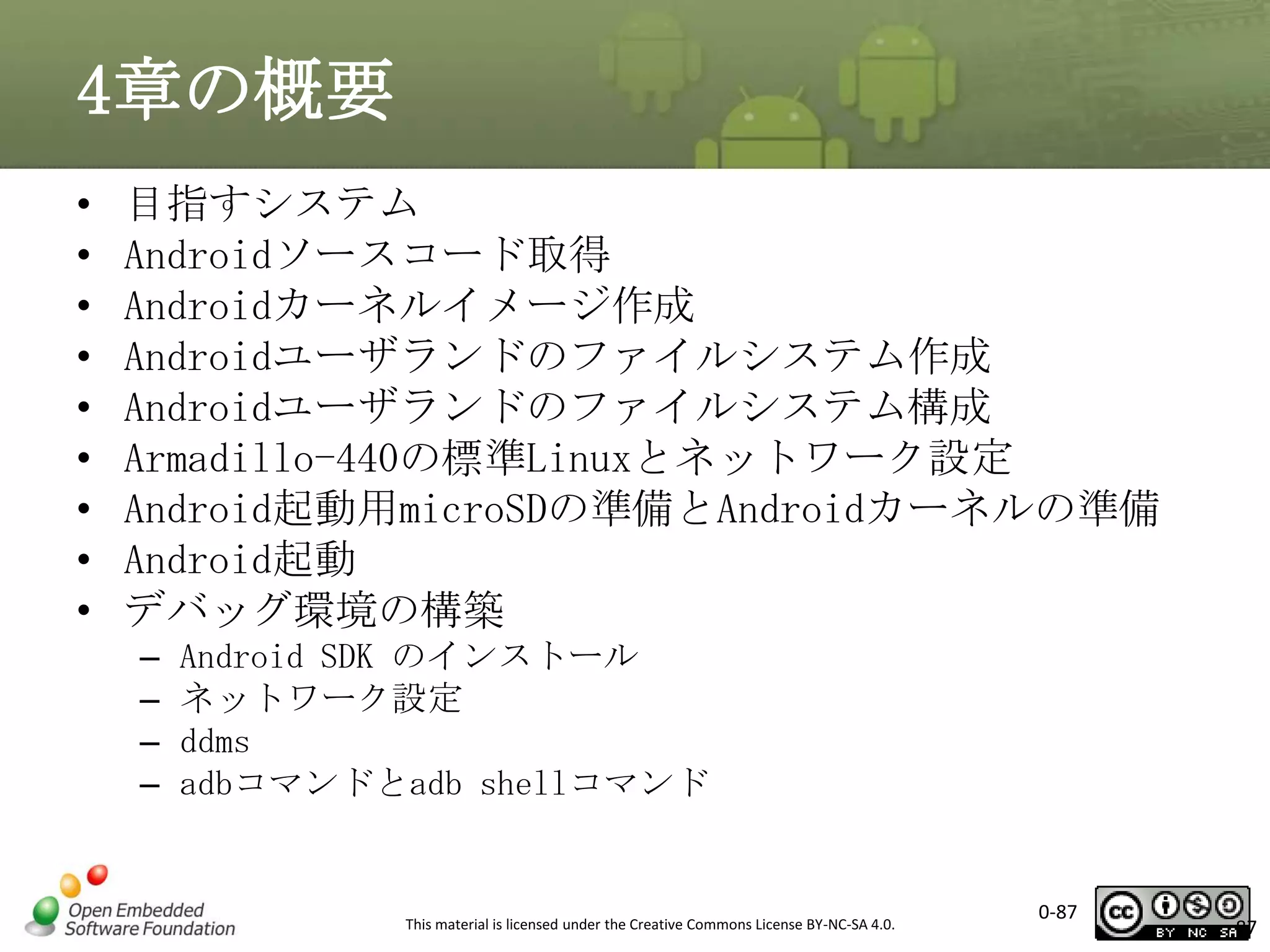 4章の概要
•
•
•
•
•
•
•
•
•

目指すシステム
Androidソースコード取得
Androidカーネルイメージ作成
Androidユーザランドのファイルシステム作成
Androidユーザランドのファイルシステム構成
Armadillo-440の標準Linuxとネットワーク設定
Android起動用microSDの準備とAndroidカーネルの準備
Android起動
デバッグ環境の構築
–
–
–
–

Android SDK のインストール
ネットワーク設定
ddms
adbコマンドとadb shellコマンド

This material is licensed under the Creative Commons License BY-NC-SA 4.0.

0-87

87

 
