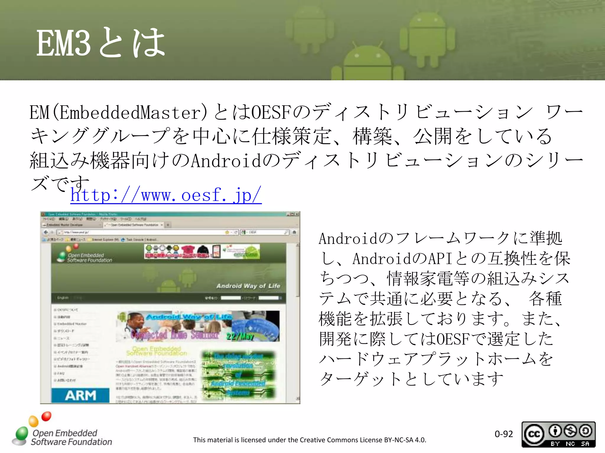 EM3とは
EM(EmbeddedMaster)とはOESFのディストリビューション ワー
キンググループを中心に仕様策定、構築、公開をしている
組込み機器向けのAndroidのディストリビューションのシリー
ズです
http://www.oesf.jp/
Androidのフレームワークに準拠
し、AndroidのAPIとの互換性を保
ちつつ、情報家電等の組込みシス
テムで共通に必要となる、 各種
機能を拡張しております。また、
開発に際してはOESFで選定した
ハードウェアプラットホームを
ターゲットとしています

This material is licensed under the Creative Commons License BY-NC-SA 4.0.

0-92

 