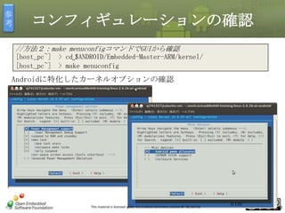 参
考

コンフィギュレーションの確認
//方法２：make menuconfigコマンドでGUIから確認
[host_pc~] > cd␣$ANDROID/Embedded-Master-ARM/kernel/
[host_pc~] > make menuconfig

Androidに特化したカーネルオプションの確認

This material is licensed under the Creative Commons License BY-NC-SA 4.0.

0-120

120

 