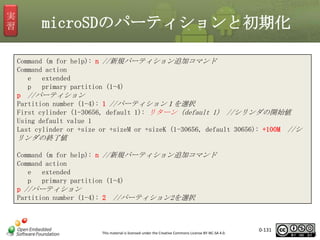 実
習

microSDのパーティションと初期化
Command (m for help): n //新規パーティション追加コマンド
Command action
e
extended
p
primary partition (1-4)
p //パーティション
Partition number (1-4): 1 //パーティション１を選択
First cylinder (1-30656, default 1): リターン（default 1） //シリンダの開始値
Using default value 1
Last cylinder or +size or +sizeM or +sizeK (1-30656, default 30656): +100M //シ

リンダの終了値
Command (m for help): n //新規パーティション追加コマンド
Command action
e
extended
p
primary partition (1-4)
p //パーティション
Partition number (1-4): 2 //パーティション2を選択

This material is licensed under the Creative Commons License BY-NC-SA 4.0.

0-131

131

 