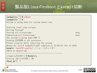 実
習

製品版Linuxのrebootとkermit切断
[armadillo ~] # reboot
[armadillo ~] #
System is going down for system reboot now.

Starting local stop scripts.
Exiting Syslogd!
Syncing all filesystems:
done
Unmounting all filesystems:
done
The system is going down NOW !!
Sending SIGTERM to all processes.
Please stand by while rebooting the system.
Hermit-At v2.0.8 (armadillo4x0) compiled at 15:29:17, Nov 12 2010
hermit> <ctrl+→ctrl+c> //ショートカットキー
(Back at ubuntu-vm)
---------------------------------------------------(/home/aj741327/) C-Kermit>q
Closing /dev/ttyUSB0...OK
[host_pc~] >

This material is licensed under the Creative Commons License BY-NC-SA 4.0.

0-135

135

 