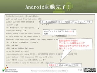 Android起動完了！
Waiting for root device /dev/mmcblk0p2...
mmc0: new high speed SD card at address b368
mmcblk0: mmc0:b368 SD02G 1968128KiB
mmcblk0: p1 p2

カーネル起動設定パラメータに従ってrootディレクトリを
マウント

VFS: Mounted root (ext2 filesystem).
Freeing init memory: 112K
Warning: unable to open an initial console.
sh: can't access tty; job control turned off

rootディレクトリ直下にあるinitを
起動
→initの詳細は後述

# warning: `rild' uses 32-bit capabilities (legacy support in use)

初回起動時は内部の
データベース構築10分ほど
時間がかかりますのであせらず
待ちましょう

fec: PHY @ 0x0, ID 0x0007c0f1 -- LAN8720
eth0: link down
eth0: link up, 100Mbps, full-duplex
imx ssi is already activated

request_suspend_state: wakeup (3->0) at 117437937832 (2000-01-01 22:06:54.852144332 UTC)
binder: release 141:141 transaction 1721 out, still active
binder: 52:185 transaction failed 29189, size 4-0
binder: send failed reply for transaction 1721, target dead
#

起動完了！（Androidのshellプロン
プト）
This material is licensed under the Creative Commons License BY-NC-SA 4.0.

0-141

141

 