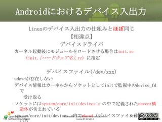 Androidにおけるデバイス入出力
Linuxのデバイス入出力の仕組みとほぼ同じ
【相違点】
デバイスドライバ
カーネル起動後にモジュールをロードさせる場合はinit.rc
（init.[ハードウェア名].rc）に指定

マスタ タイトルの書式設定
デバイスファイル(/dev/xxx)

udevdが存在しない
デバイス情報はカーネルからソケットとしてinitで監視中のdevice_fd
で
受け取る
ソケットにはsystem/core/init/devices.c の中で定義されたuevent構
造体が含まれている
system/core/init/devices.c内でmknod（デバイスファイル作成）して
5-175
This material is licensed under the Creative Commons
License BY-NC-SA 4.0.

175

 