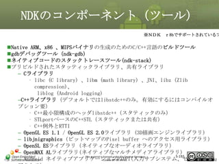 NDKのコンポーネント（ツール）

※ＮＤＫ ｒ8bでサポートされているツ

Native ARM、x86 、MIPSバイナリの生成のためのC/C++言語のビルドツール
gdbデバッグツール（ndk-gdb）
ネイティブコードのスタックトレースツール(ndk-stack)
プリビルドされたスタッティックライブラリ、共有ライブラリ
– Cライブラリ
• libc (C library) 、libm (math library) 、JNI、libz (Zlib
compression)、
liblog (Android logging)
–C++ライブラリ（デフォルトではlibstdc++のみ。有効にするにはコンパイルオ
プション要）
• C++最小限構成のヘッダlibstdc++（スタティックのみ）
• STLportベースのC++STL（スタティックまたは共有）
• C++例外とRTTI
– OpenGL ES 1.1 / OpenGL ES 2.0ライブラリ (3D描画エンジンライブラリ)
– libjnigraphics (ビットマップのPixel buffer へのアクセス用ライブラリ)
– OpenSL ESライブラリ（ネイティブなオーディオライブラリ）
– OpenMAX ALライブラリ(ネイティブなマルチメディアライブラリ)
5-192
This material is licensed under the Creative Commons
– Android ネイティブアプリケーションのAPI(入力サブシステム、センサデータ
License BY-NC-SA 4.0.
192

マスタ タイトルの書式設定

 