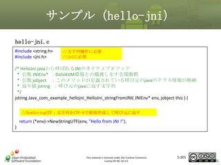 サンプル（hello-jni）
hello-jni.c
#include <string.h>
#include <jni.h>

//文字列操作に必要
//jniに必要

/* HelloJni.javaから呼ばれるJNIのネイティブメソッド
* 引数 JNIEnv* ：DalvikVM環境との橋渡しをする関数群
* 引数 jobject ：このメソッドが定義されている呼び元のjavaのクラス情報が格納
* 返り値 jstring ：呼び元のjavaに返す文字列
*/
jstring Java_com_example_hellojni_HelloJni_stringFromJNI( JNIEnv* env, jobject thiz ) {

マスタ タイトルの書式設定

//NewStringUTF：文字列をUTF-8で新規作成して呼び元に返す

return (*env)->NewStringUTF(env, "Hello from JNI !");
}

This material is licensed under the Creative Commons
License BY-NC-SA 4.0.

5-201

201

 