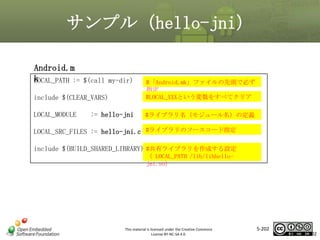 サンプル（hello-jni）
Android.m
k
LOCAL_PATH :=

$(call my-dir)

include $(CLEAR_VARS)

#「Android.mk」ファイルの先頭で必ず
指定
#LOCAL_XXXという変数をすべてクリア

LOCAL_MODULE

#ライブラリ名（モジュール名）の定義

マスタ タイトルの書式設定
:= hello-jni

LOCAL_SRC_FILES := hello-jni.c #ライブラリのソースコード指定
include $(BUILD_SHARED_LIBRARY) #共有ライブラリを作成する設定
（ LOCAL_PATH /lib/libhellojni.so）

This material is licensed under the Creative Commons
License BY-NC-SA 4.0.

5-202

202

 