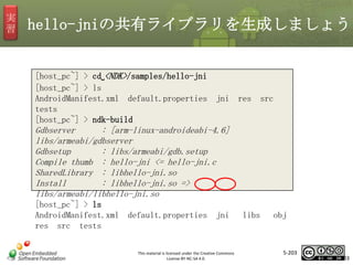 実
習

hello-jniの共有ライブラリを生成しましょう
[host_pc~] > cd␣<NDK>/samples/hello-jni
[host_pc~] > ls
AndroidManifest.xml default.properties
tests
[host_pc~] > ndk-build

jni

res

src

マスタ タイトルの書式設定

Gdbserver
: [arm-linux-androideabi-4.6]
libs/armeabi/gdbserver
Gdbsetup
: libs/armeabi/gdb.setup
Compile thumb : hello-jni <= hello-jni.c
SharedLibrary : libhello-jni.so
Install
: libhello-jni.so =>
libs/armeabi/libhello-jni.so
[host_pc~] > ls
AndroidManifest.xml default.properties
res src tests

jni

This material is licensed under the Creative Commons
License BY-NC-SA 4.0.

libs

obj

5-203

203

 