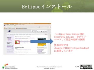 Eclipseインストール

マスタ タイトルの書式設定
「eclipse-java-indigo-SR2linux-gtk.tar.gz」 をダウン
ロードして任意の場所で展開
※本実習では
/home/aj741327/eclipse(indigo)
に展開しています

This material is licensed under the Creative Commons
License BY-NC-SA 4.0.

5-208

208

 