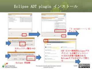 Eclipse ADT plugin インストール

「Ｉ accept・・・」に
チェック

マスタ タイトルの書式設定
セキュリティ警告⇒Ｏ
Ｋ

CDT（C/C++開発用Eclipseプラ
グイン）も自動でインストー
ルされた状態で起動される
Welcomeタブは×ボタンで閉じ
る

Eclipse 再起動
This material is licensed under the Creative Commons
License BY-NC-SA 4.0.

5-211

 