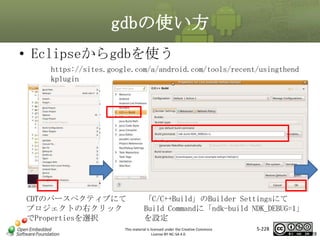 gdbの使い方
• Eclipseからgdbを使う
https://sites.google.com/a/android.com/tools/recent/usingthend
kplugin

マスタ タイトルの書式設定

CDTのパースペクティブにて
プロジェクトの右クリック
でPropertiesを選択

「C/C++Build」のBuilder Settingsにて
Build Commandに「ndk-build NDK_DEBUG=1」
を設定

This material is licensed under the Creative Commons
License BY-NC-SA 4.0.

5-228

228

 