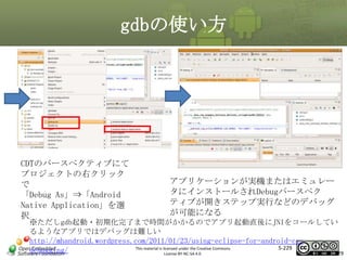 gdbの使い方

マスタ タイトルの書式設定
CDTのパースペクティブにて
プロジェクトの右クリック
で
「Debug As」⇒「Android
Native Application」を選
択

アプリケーションが実機またはエミュレー
タにインストールされDebugパースペク
ティブが開きステップ実行などのデバッグ
が可能になる

※ただしgdb起動・初期化完了まで時間がかかるのでアプリ起動直後にJNIをコールしてい
るようなアプリではデバッグは難しい
http://mhandroid.wordpress.com/2011/01/23/using-eclipse-for-android-cc5-229
This material is licensed under the Creative Commons
debugging/
License BY-NC-SA 4.0.
229

 
