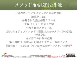 メソッド命名規則と引数
JNIのネイティブメソッド名の命名規則
接頭辞 Java_
分解された完全修飾クラス名
下線 (「_」) 区切り文字
分解されたメソッド名
JNIのネイティブメソッドの引数はJavaのメソッドの引数
のほかに
必ず以下の引数が必要
第１引数 : JNIEnv* (JNIインタフェースポインタ)
第2引数 : jobject (呼び元のJavaのインスタンス参照注
1)

マスタ タイトルの書式設定

This material is licensed under the Creative Commons
License BY-NC-SA 4.0.

5-239

注1：呼び元のJavaで定義したJNIメソッドがstaticの場合はJavaクラス（jclass）の

239

 