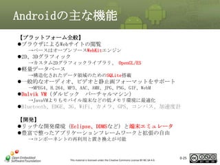 Androidの主な機能
【プラットフォーム全般】
ブラウザによるWebサイトの閲覧
→ベースはオープンソースWebKitエンジン

2D、3Dグラフィック
→カスタム2Dグラフィックライブラリ、 OpenGL/ES

軽量データベース
→構造化されたデータ領域のためのSQLite搭載

一般的なオーディオ、ビデオと静止画フォーマットをサポート
→MPEG4、H.264、MP3、AAC、AMR、JPG、PNG、GIF、WebM

Dalvik VM（ダルビック

バーチャルマシン）

→JavaVMよりもモバイル端末などの低メモリ環境に最適化

Bluetooth、EDGE、3G、WiFi、カメラ、GPS、コンパス、加速度計

【開発】
リッチな開発環境（Eclipse、DDMSなど）と端末エミュレータ
豊富で整ったアプリケーションフレームワークと拡張の自由
→コンポーネントの再利用と置き換えが可能

This material is licensed under the Creative Commons License BY-NC-SA 4.0.

0-25

25

 